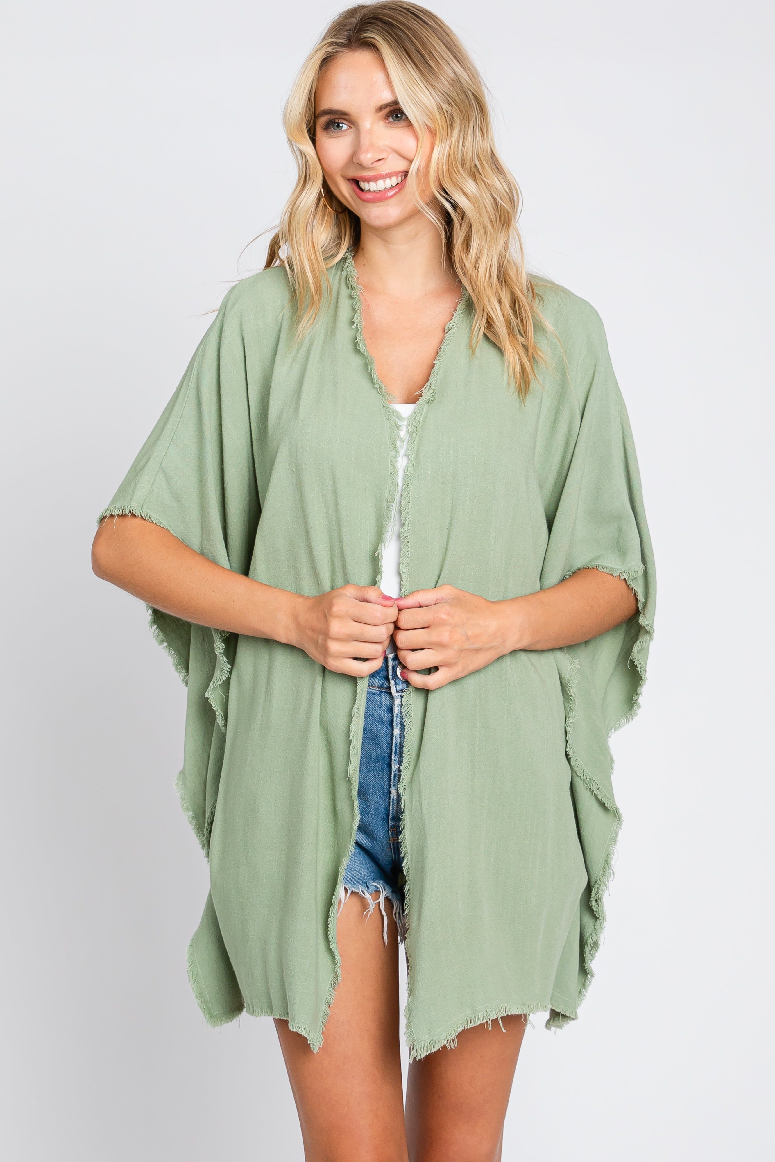 Light Olive Fringe Dolman Sleeve Cover Up sold by Pinkblush