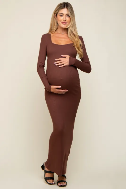 Brown Ribbed Long Sleeve Square Neck Maternity Maxi Dress sold by Pinkblush