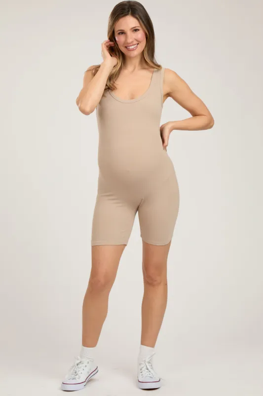 Taupe Sleeveless Ribbed Biker Short Maternity Romper sold by Pinkblush