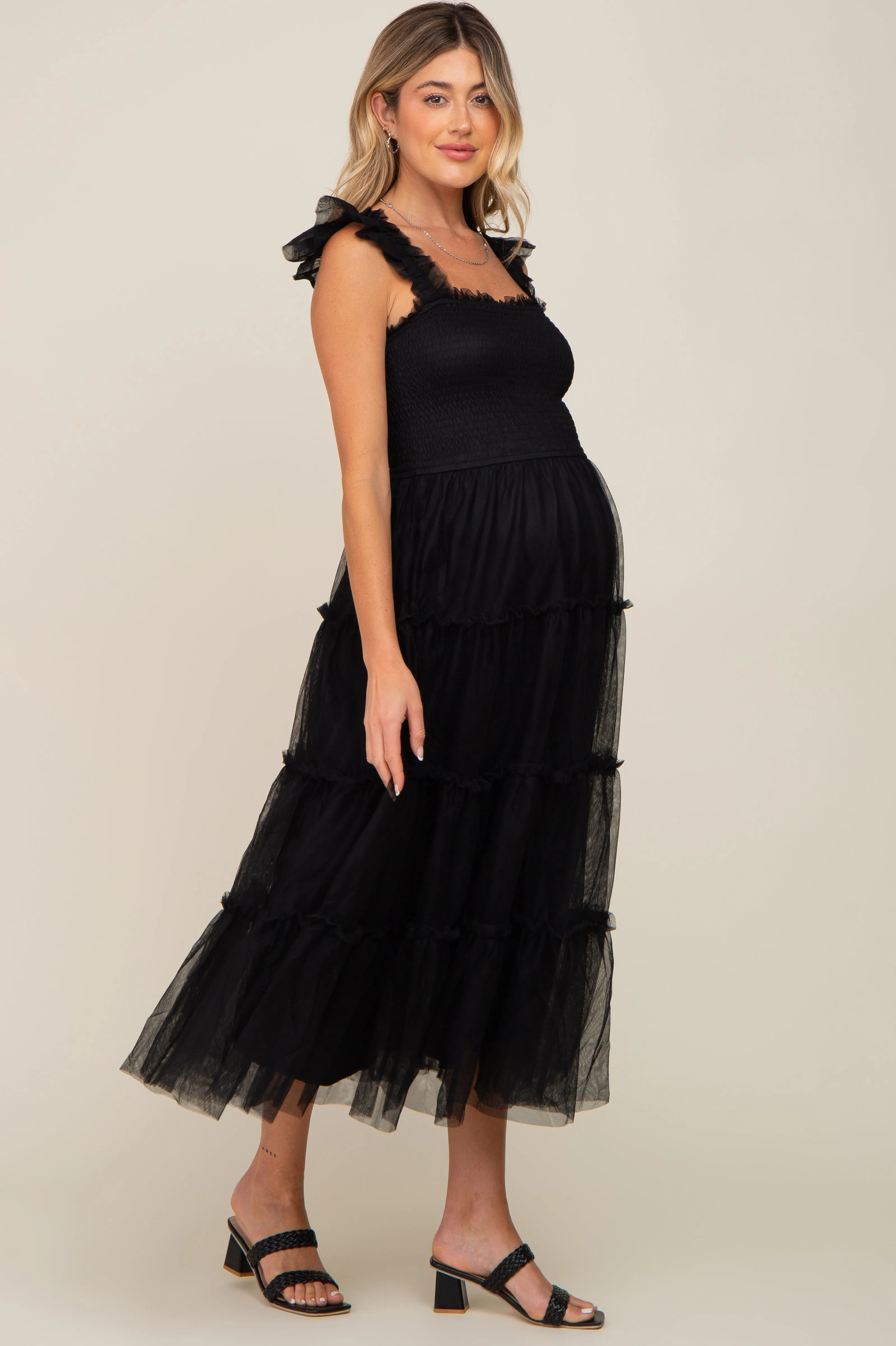 Black Smocked Mesh Ruffle Accent Maternity Midi Dress sold by Pinkblush product image thumbnail 2