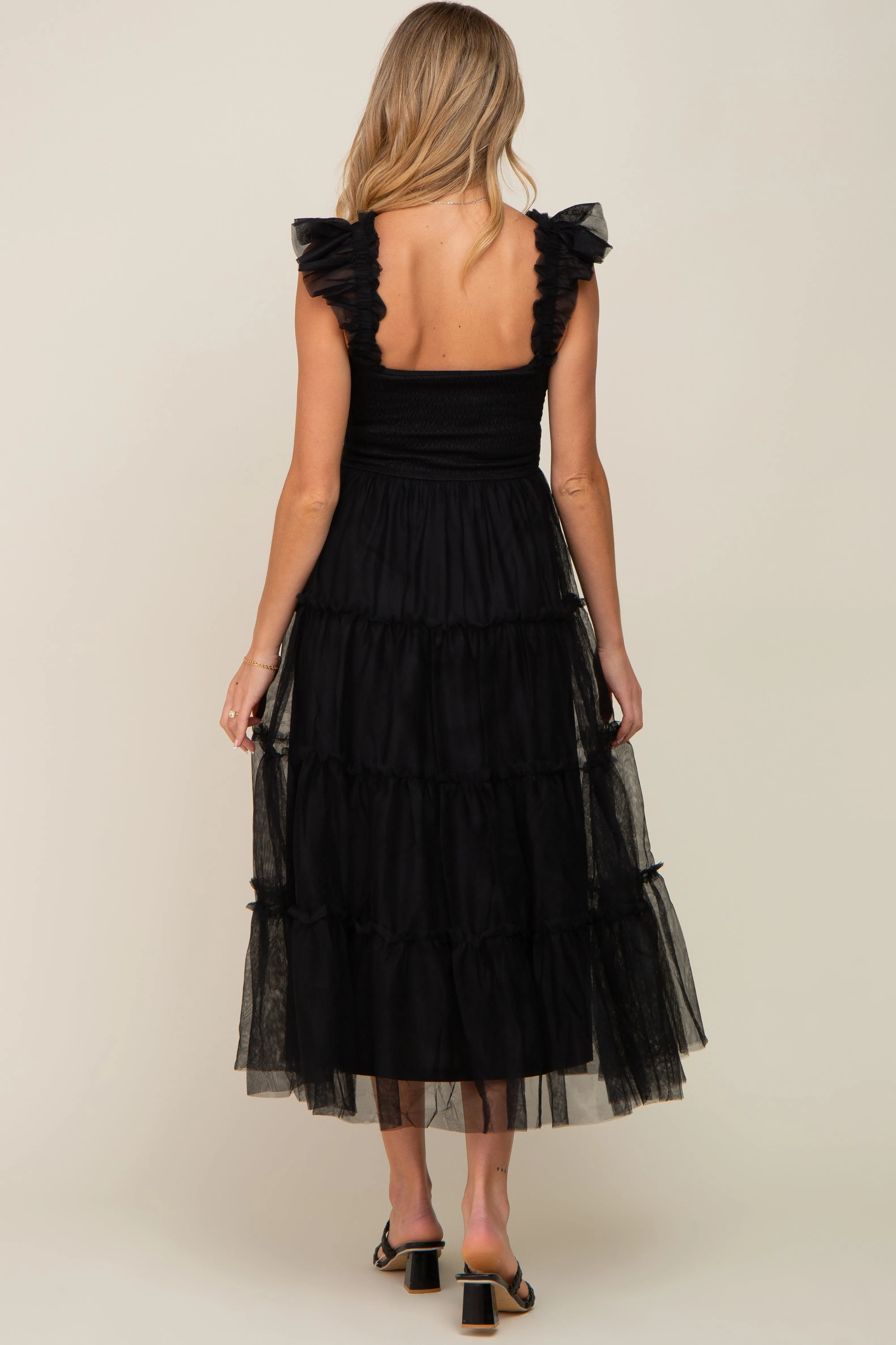 Black Smocked Mesh Ruffle Accent Maternity Midi Dress sold by Pinkblush product image thumbnail 3