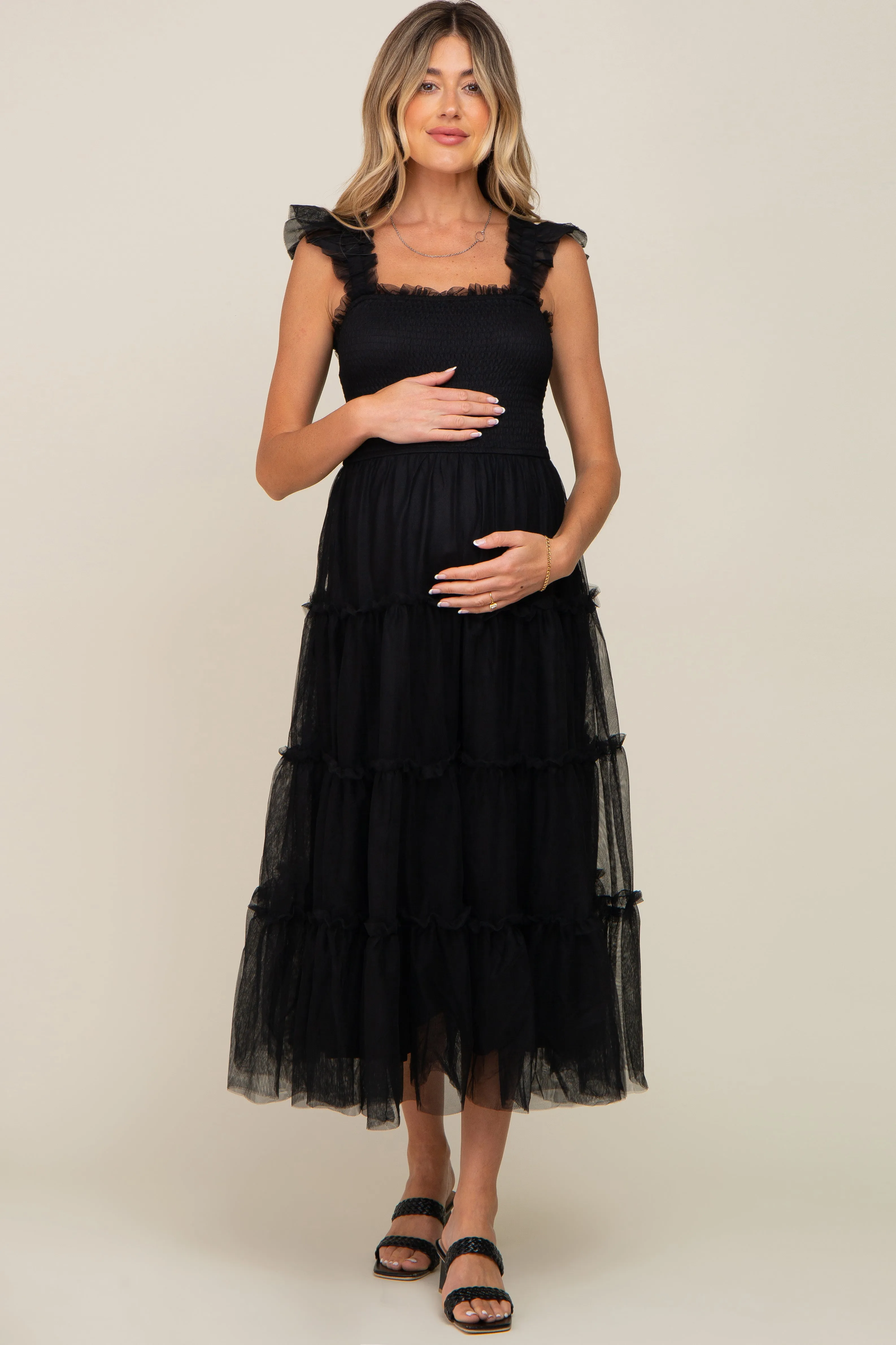 Black Smocked Mesh Ruffle Accent Maternity Midi Dress sold by Pinkblush