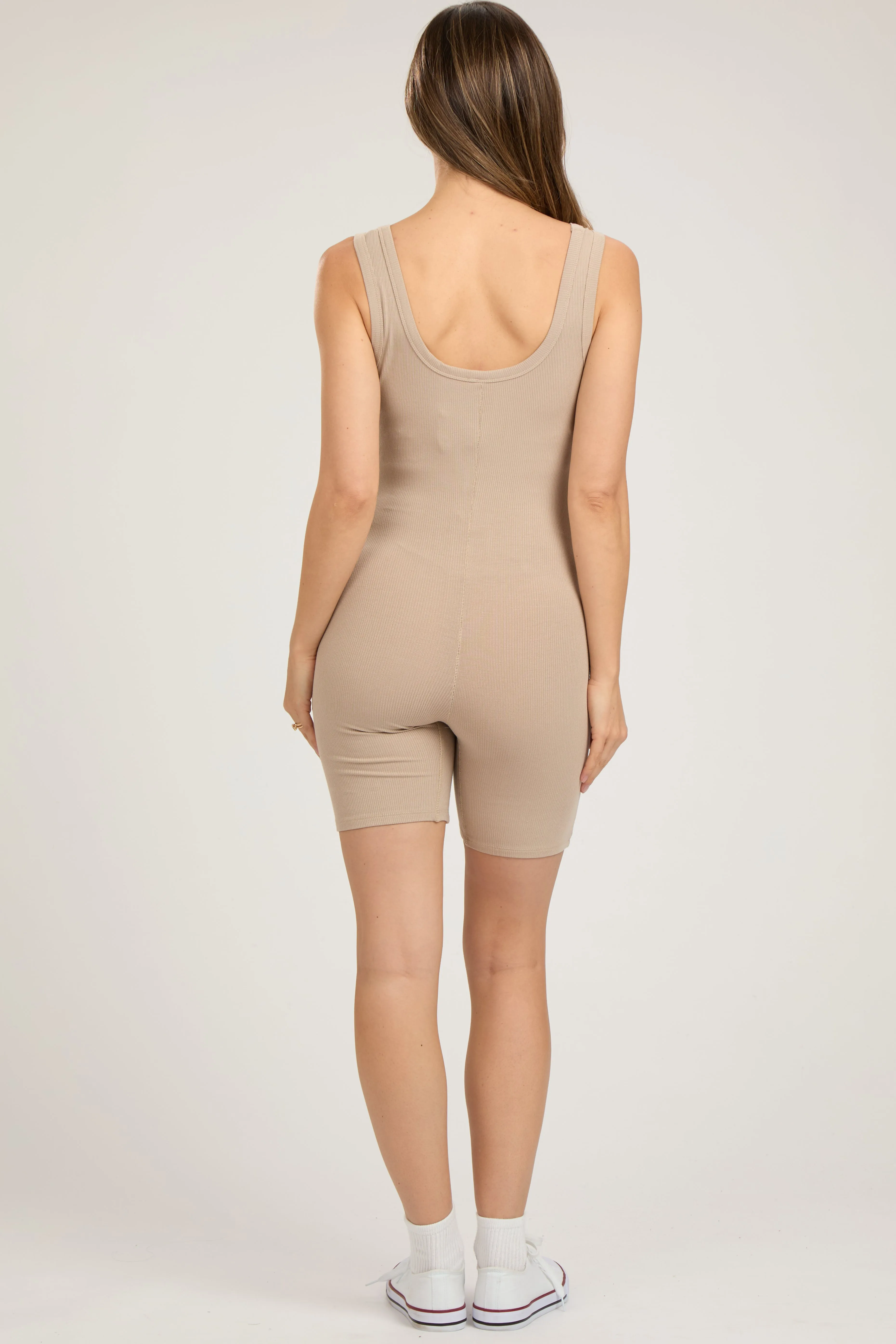 Taupe Sleeveless Ribbed Biker Short Maternity Romper sold by Pinkblush product image thumbnail 3