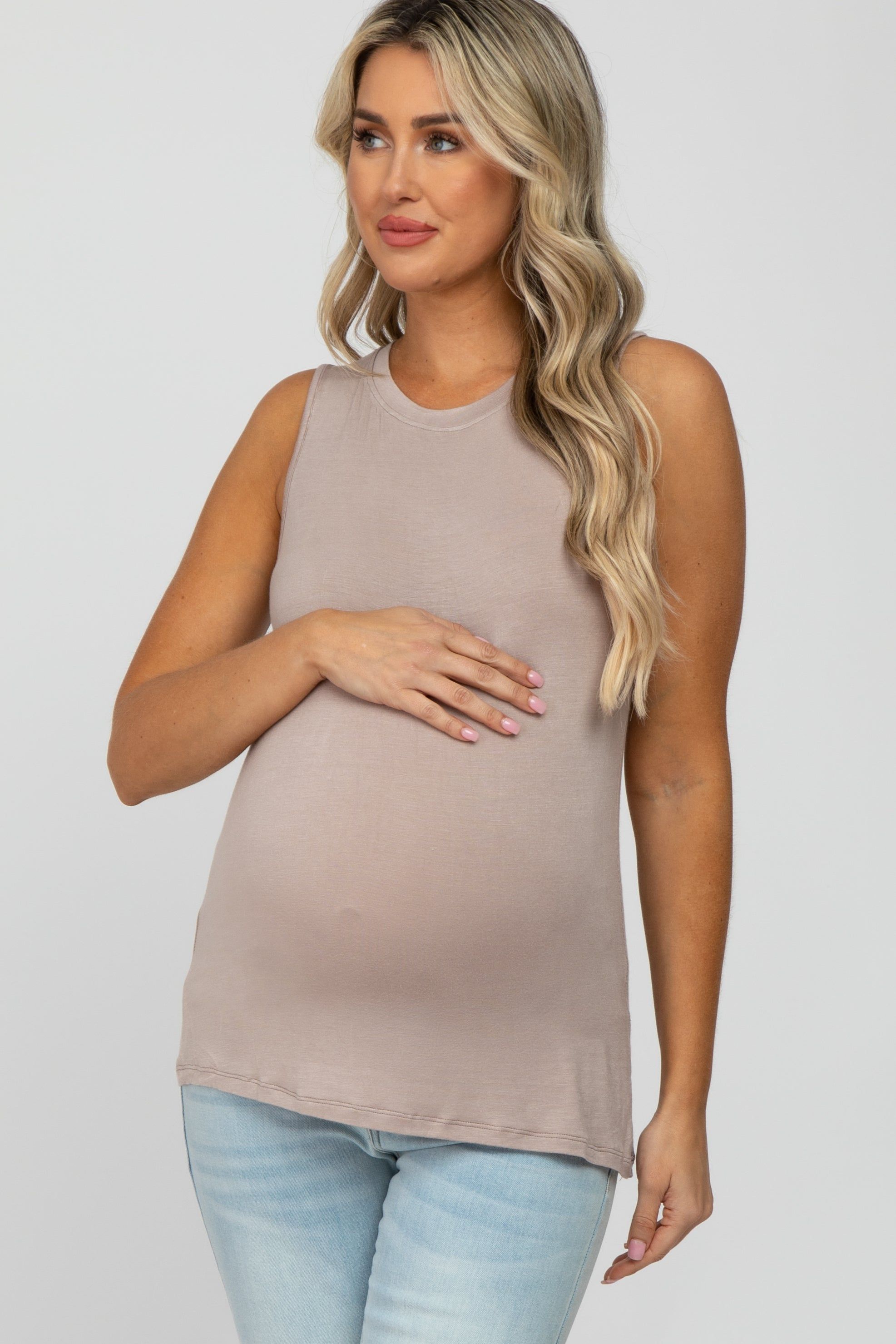 Light Mocha Basic Sleeveless Maternity Top sold by Pinkblush