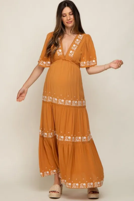 Camel Floral Embroidered Tiered Maternity Maxi Dress sold by Pinkblush