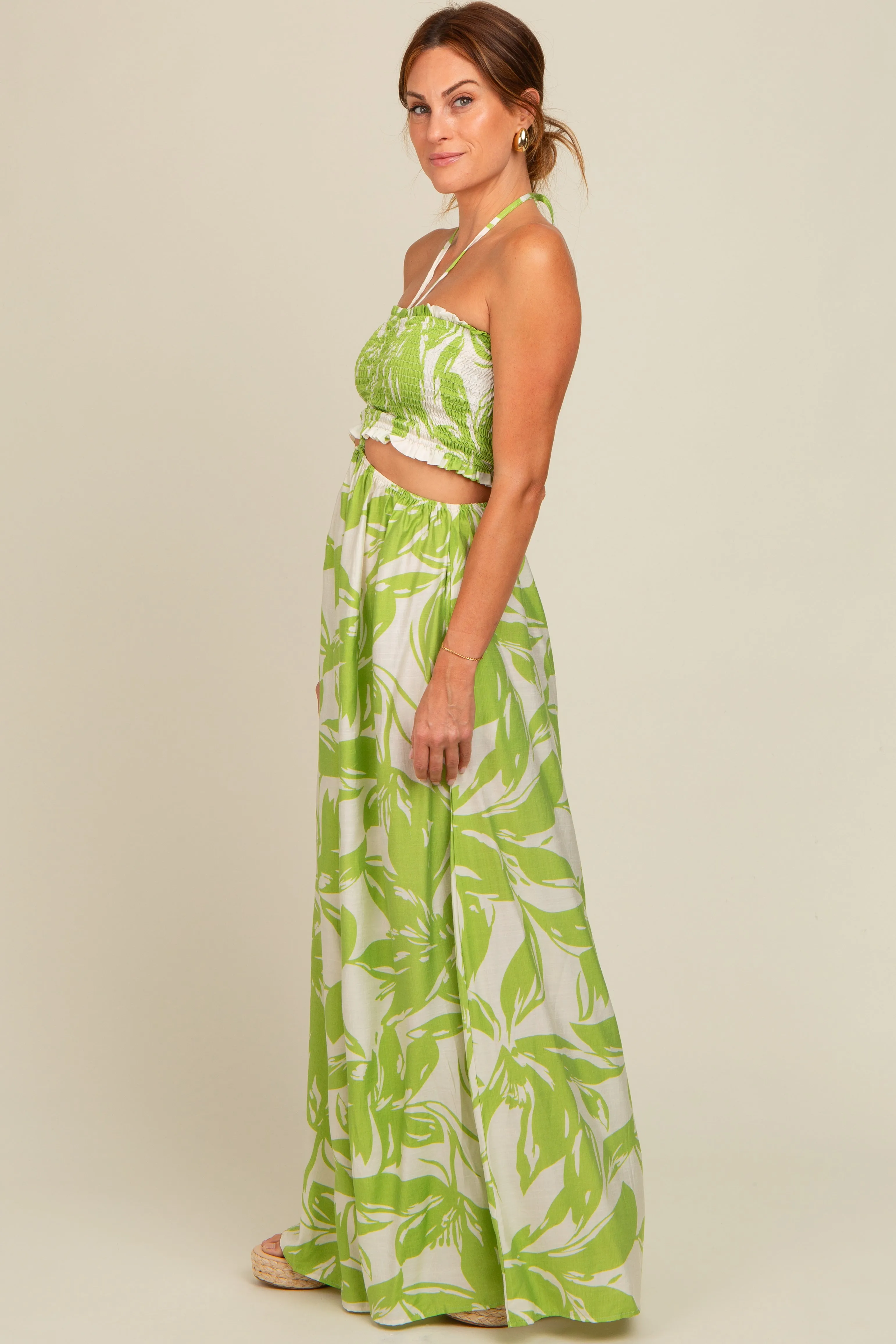 Lime Tropical Print Cutout Smocked Jumpsuit sold by Pinkblush product image thumbnail 2