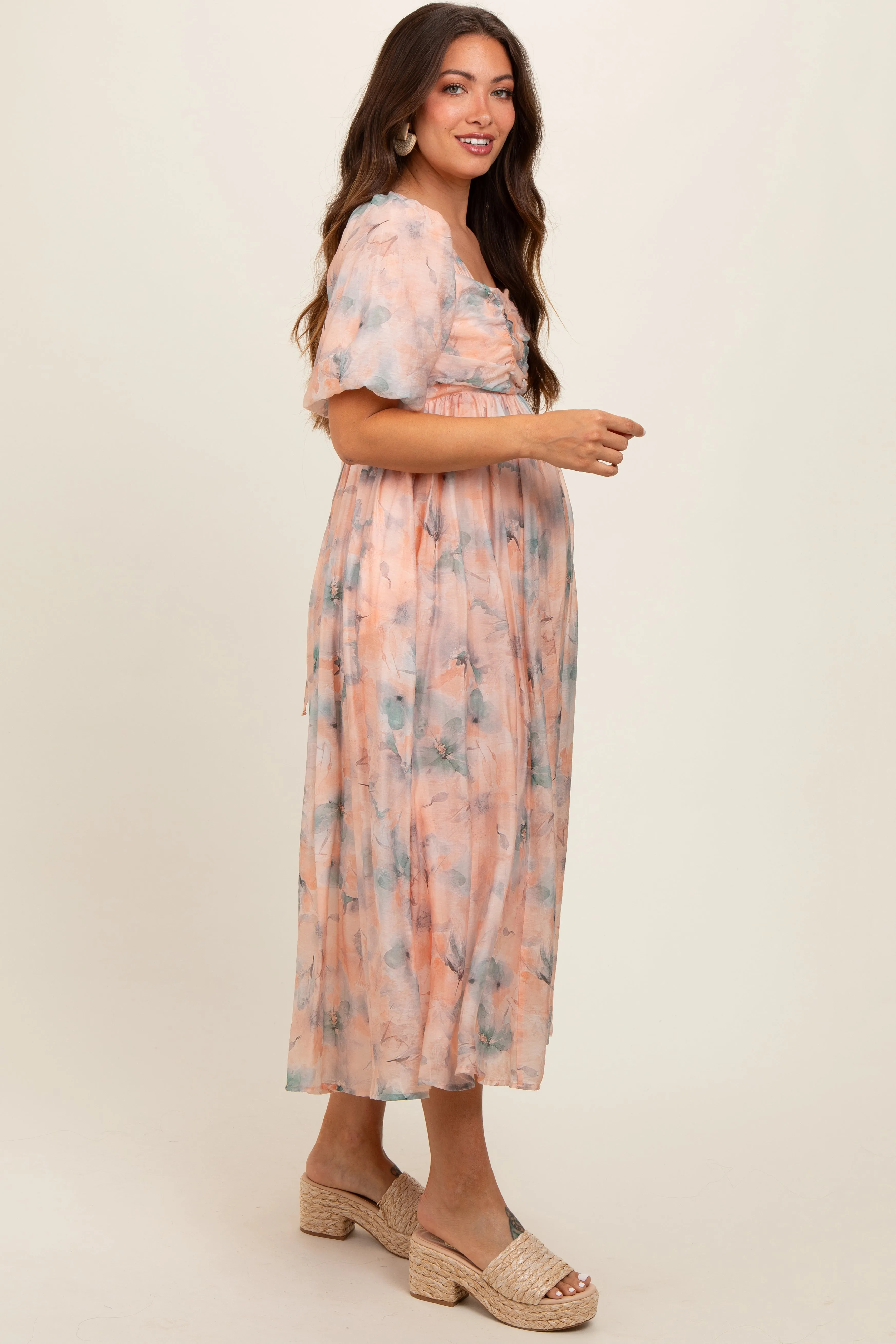 Peach Floral Square Neck Short Puff Sleeve Lace-Up Back Maternity Midi Dress sold by Pinkblush product image thumbnail 2