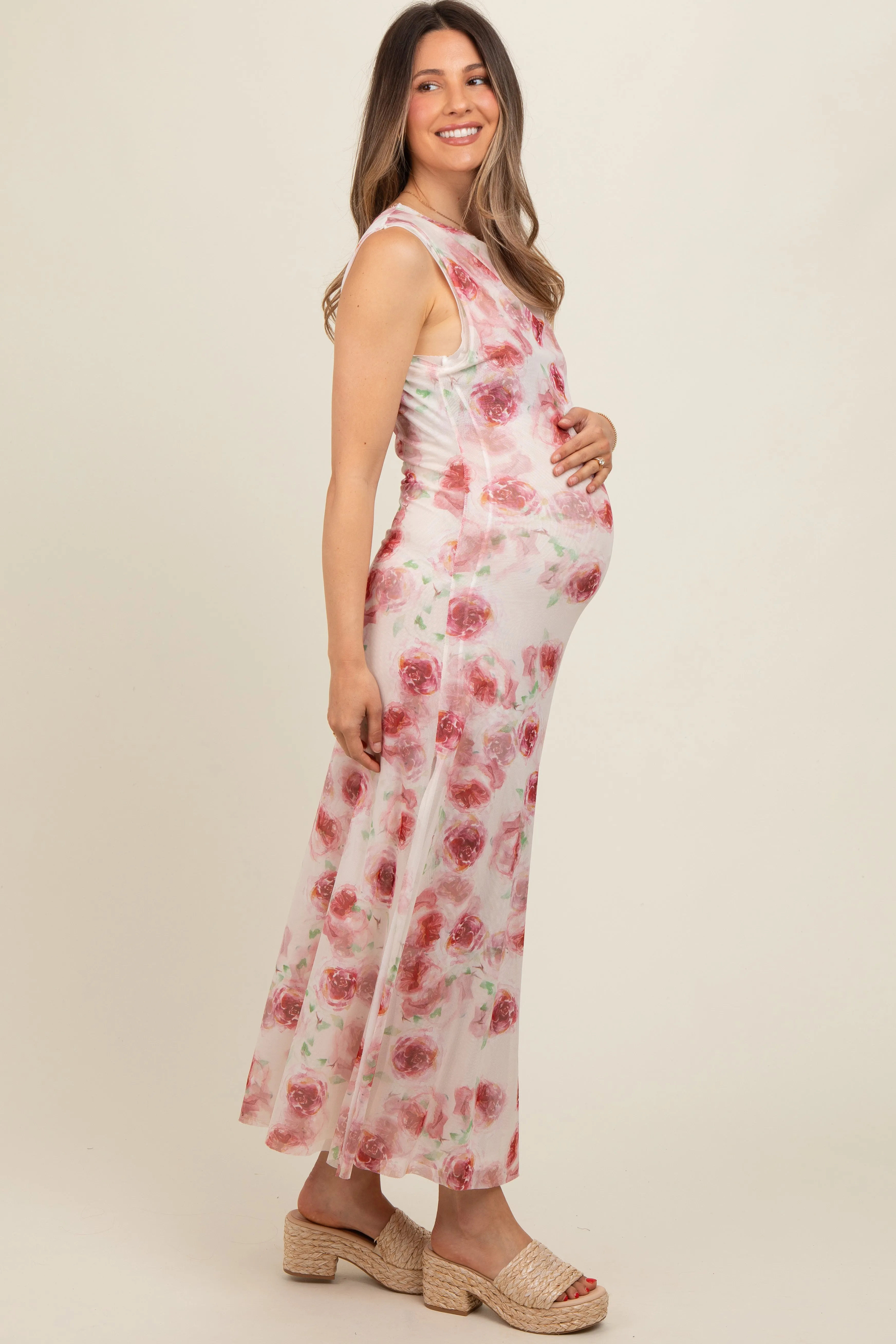 Cream Rose Print Ruched Mesh Maternity Dress sold by Pinkblush product image thumbnail 3