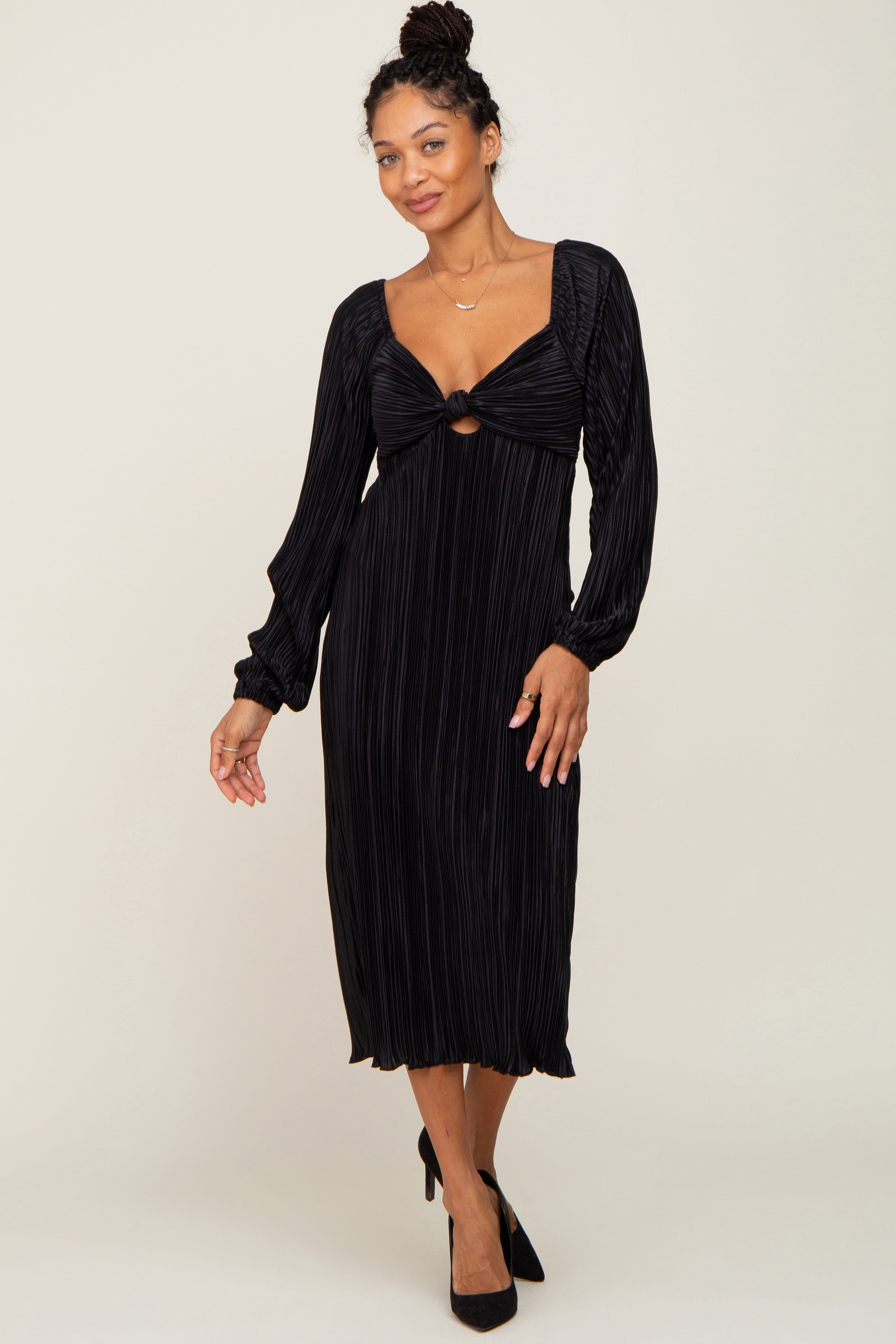 Black Pleated Front Cutout Back Tie Midi Dress sold by Pinkblush