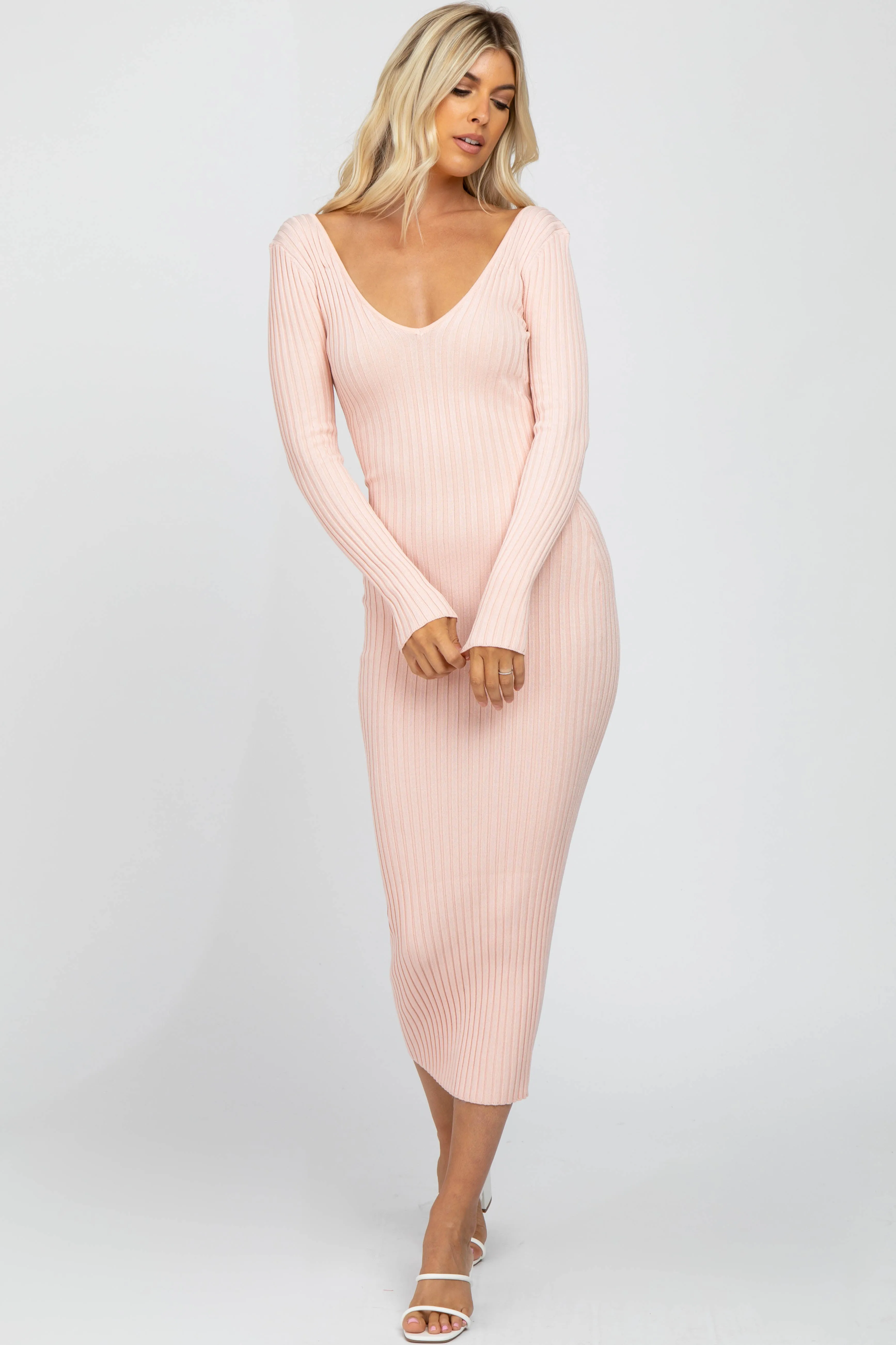 Pink V-Neck Long Sleeve Fitted Maxi Dress sold by Pinkblush