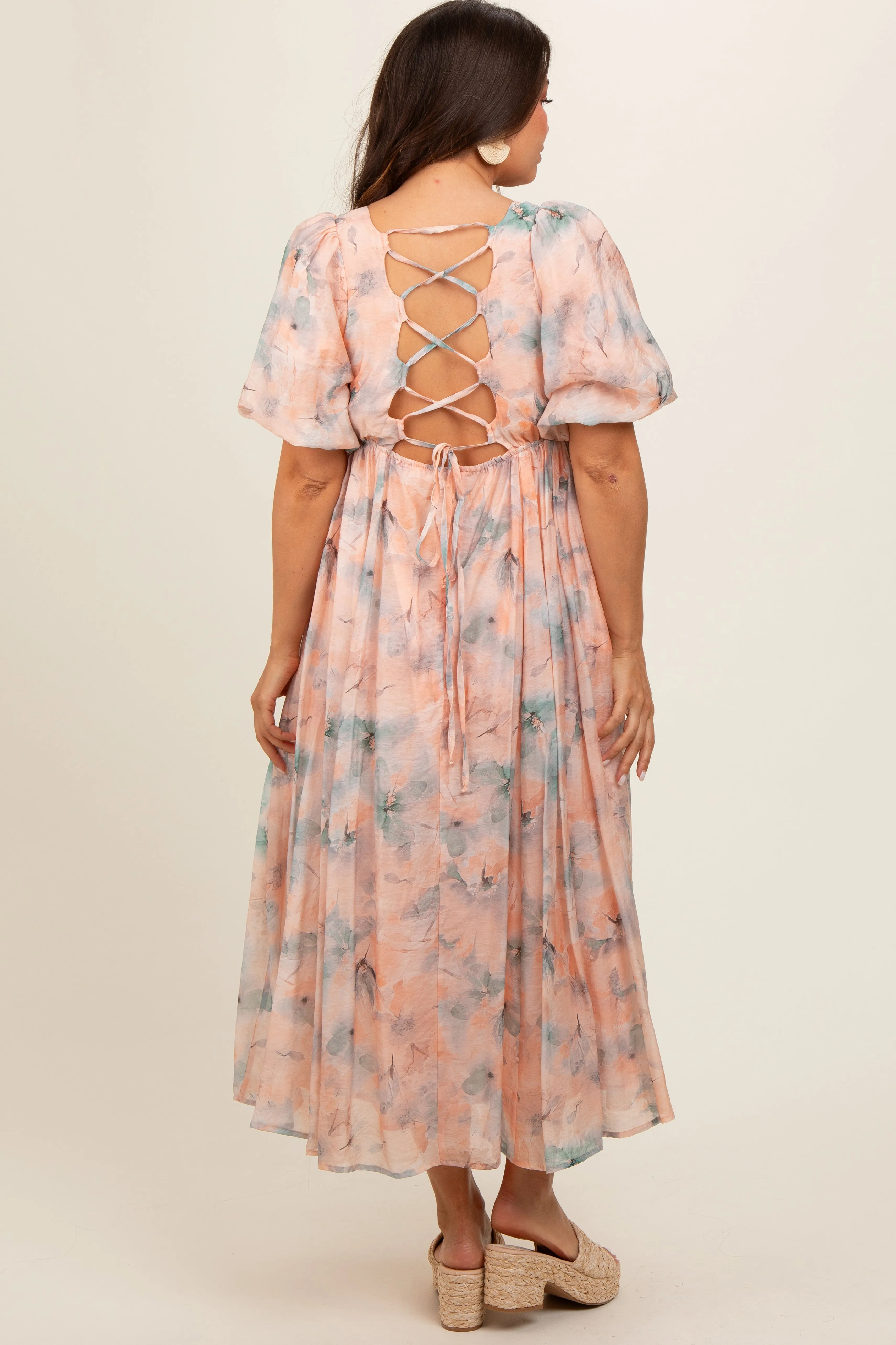 Peach Floral Square Neck Short Puff Sleeve Lace-Up Back Maternity Midi Dress sold by Pinkblush product image thumbnail 3
