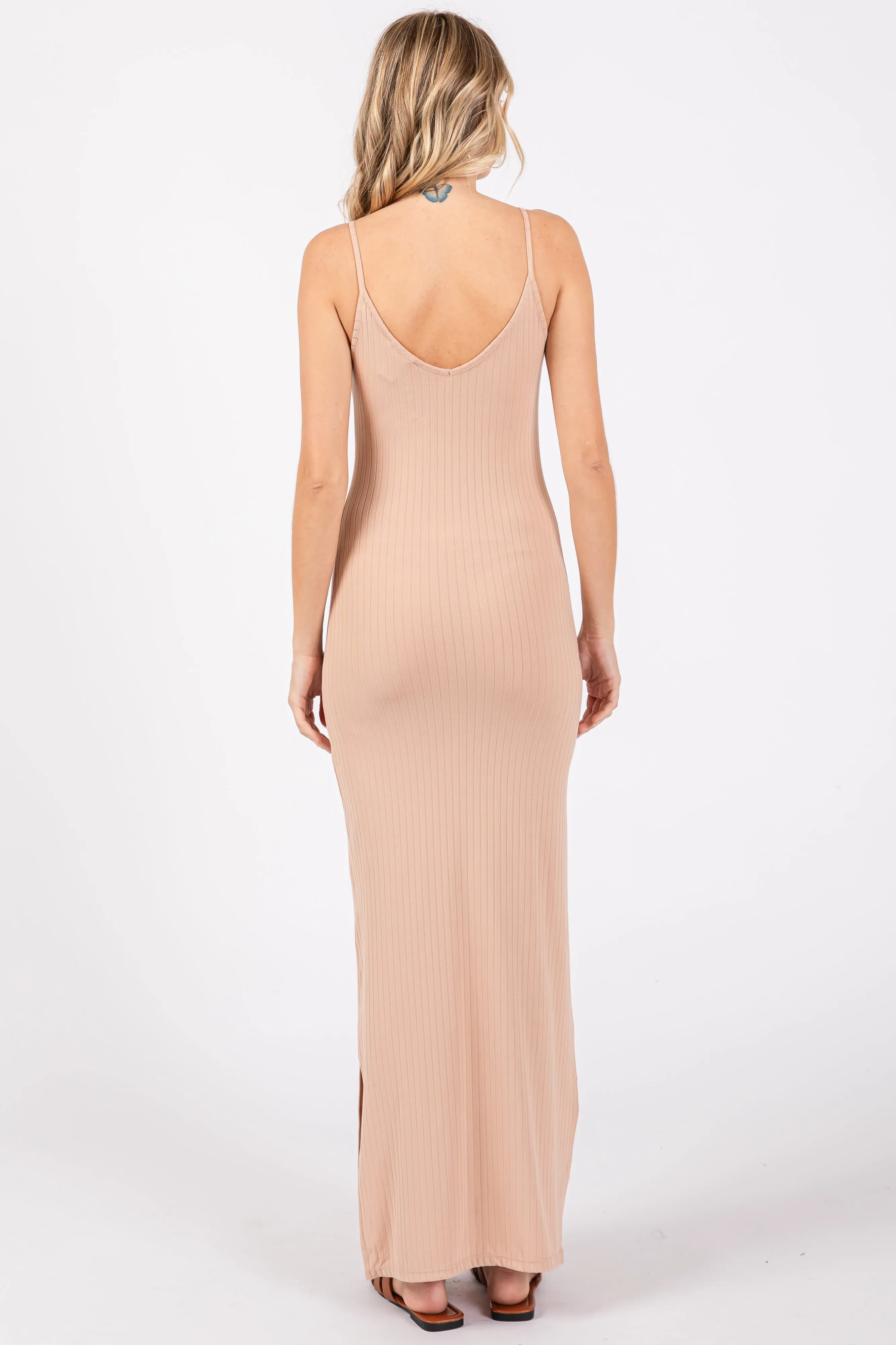 Beige Ribbed Side Slit Maxi Dress sold by Pinkblush product image thumbnail 3