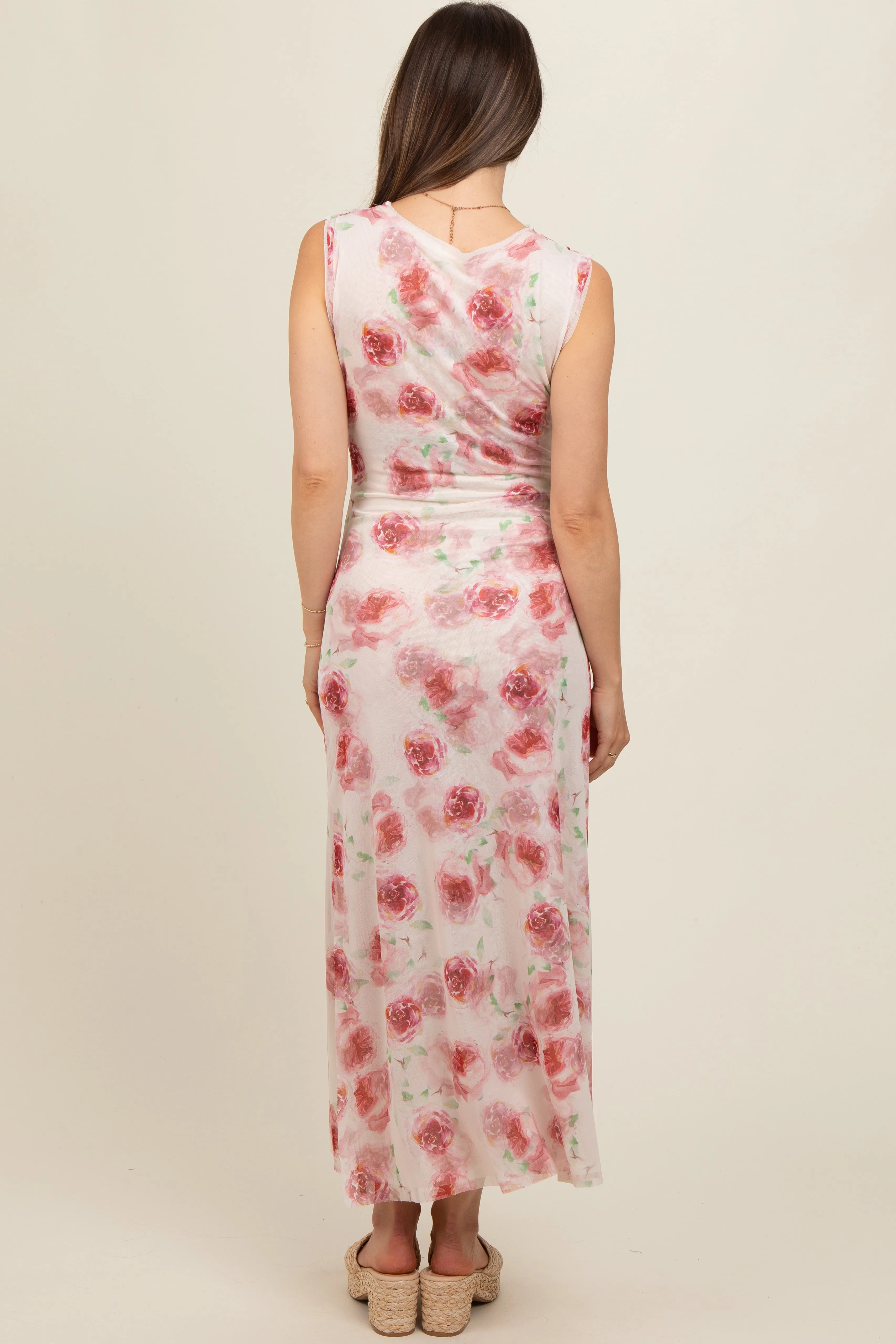 Cream Rose Print Ruched Mesh Maternity Dress sold by Pinkblush product image thumbnail 4