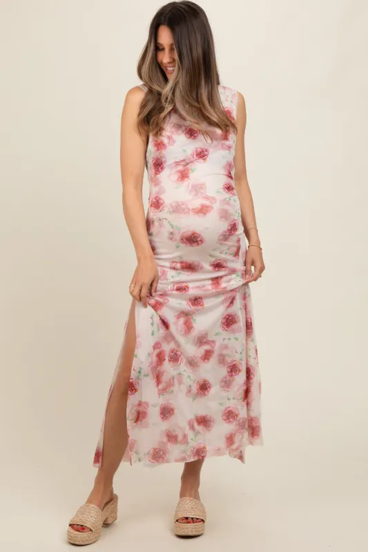 Cream Rose Print Ruched Mesh Maternity Dress sold by Pinkblush