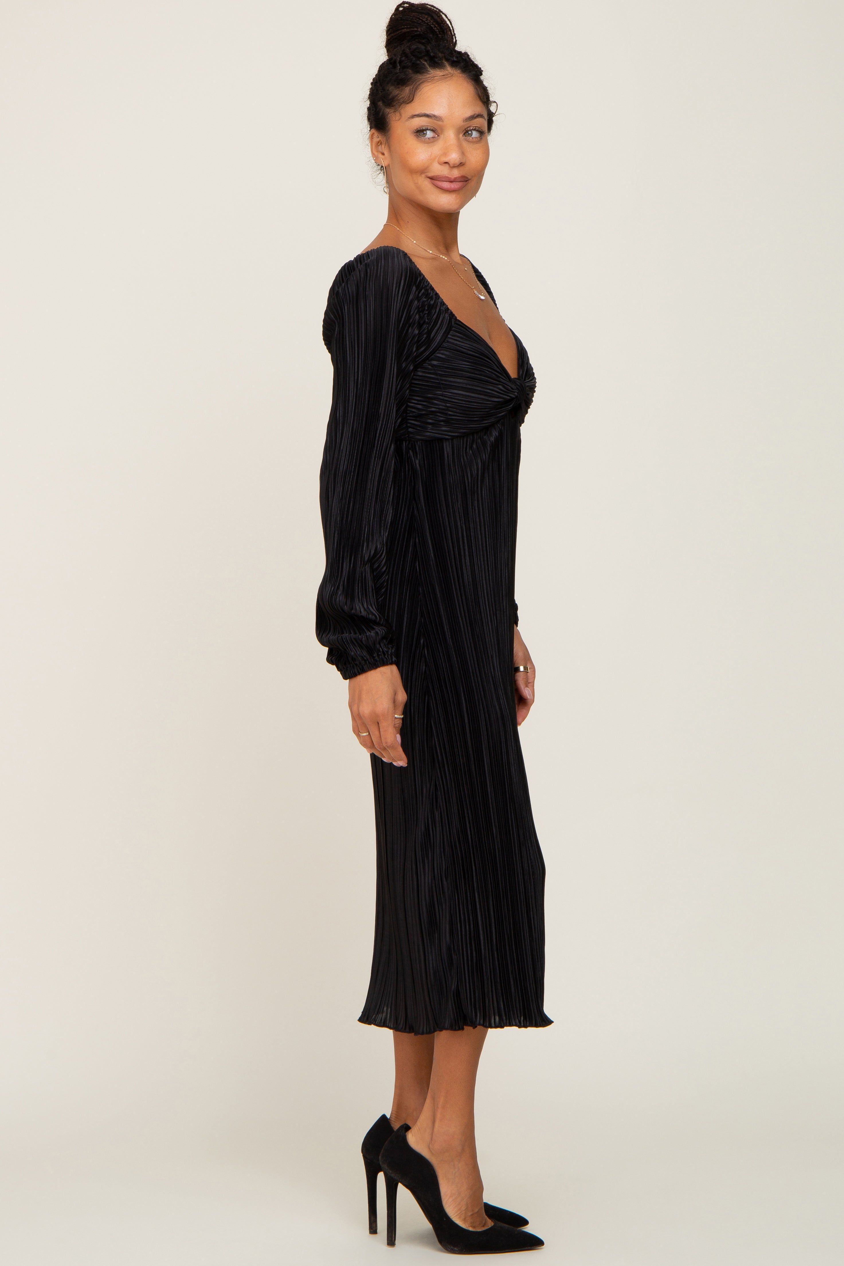 Black Pleated Front Cutout Back Tie Midi Dress sold by Pinkblush product image thumbnail 2