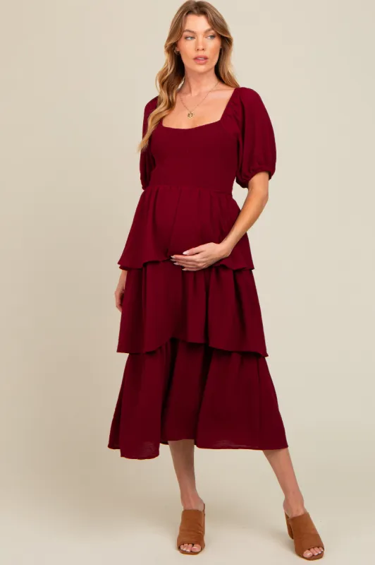 Burgundy Smocked Body Ruffled Tiered Maternity Midi Dress sold by Pinkblush