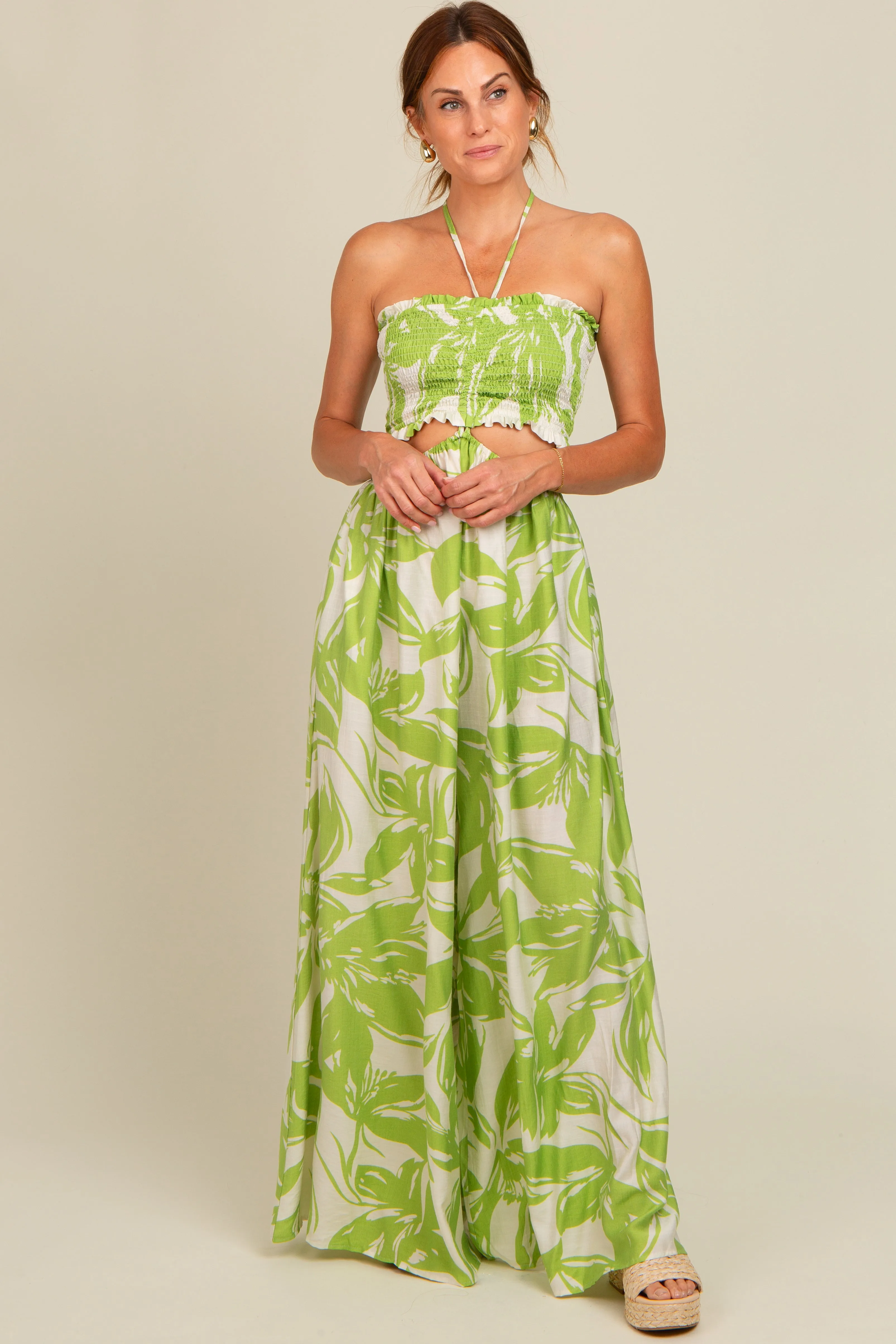 Lime Tropical Print Cutout Smocked Jumpsuit sold by Pinkblush