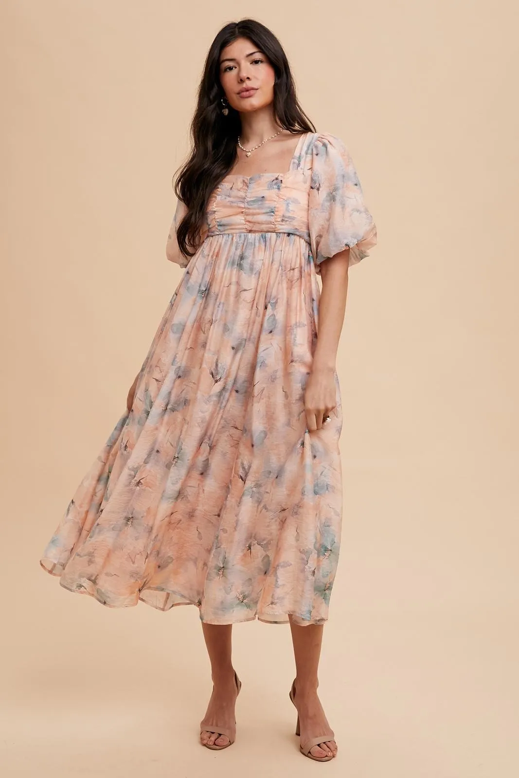 Peach Floral Square Neck Short Puff Sleeve Lace-Up Back Maternity Midi Dress sold by Pinkblush product image thumbnail 4