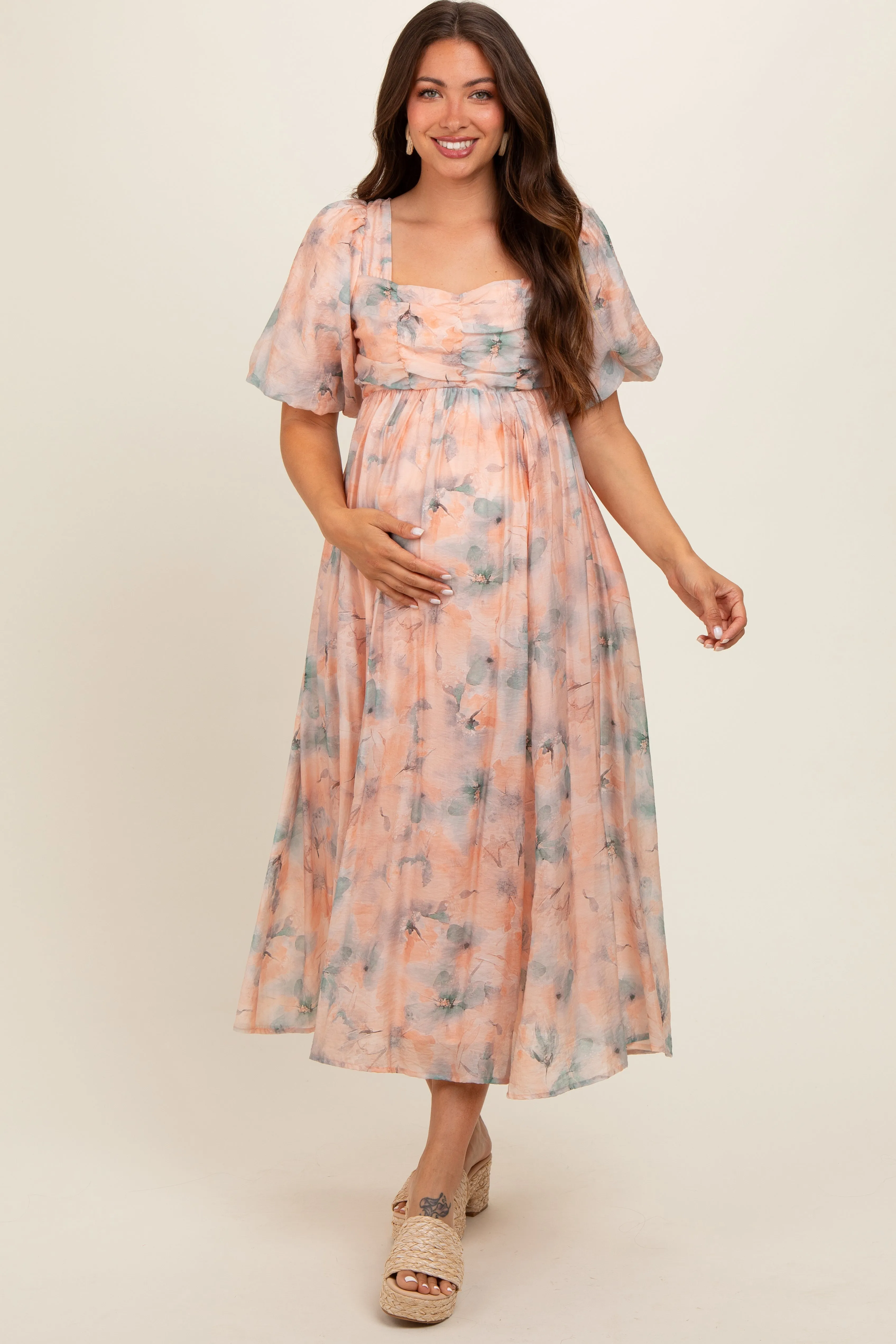 Peach Floral Square Neck Short Puff Sleeve Lace-Up Back Maternity Midi Dress sold by Pinkblush