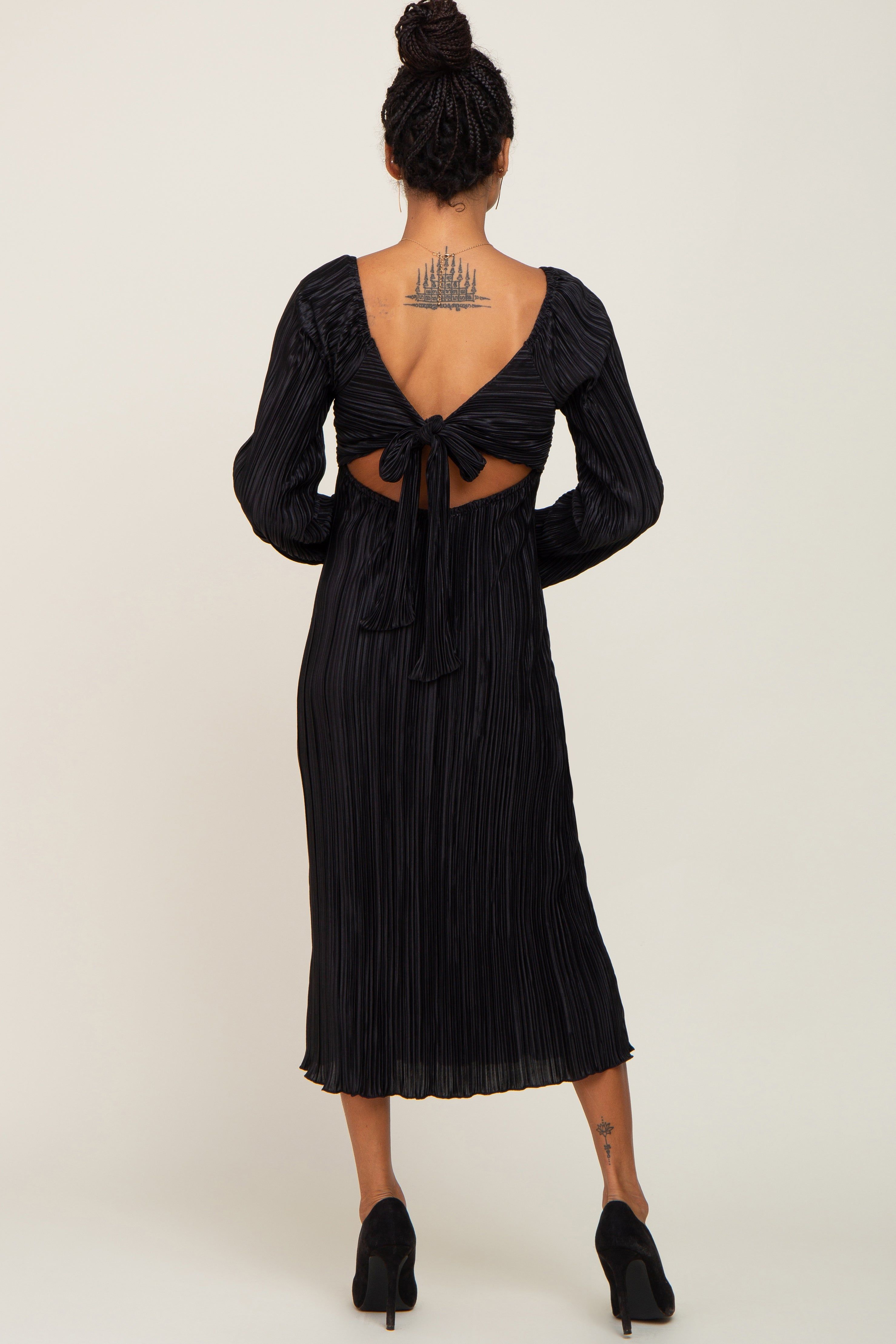 Black Pleated Front Cutout Back Tie Midi Dress sold by Pinkblush product image thumbnail 3
