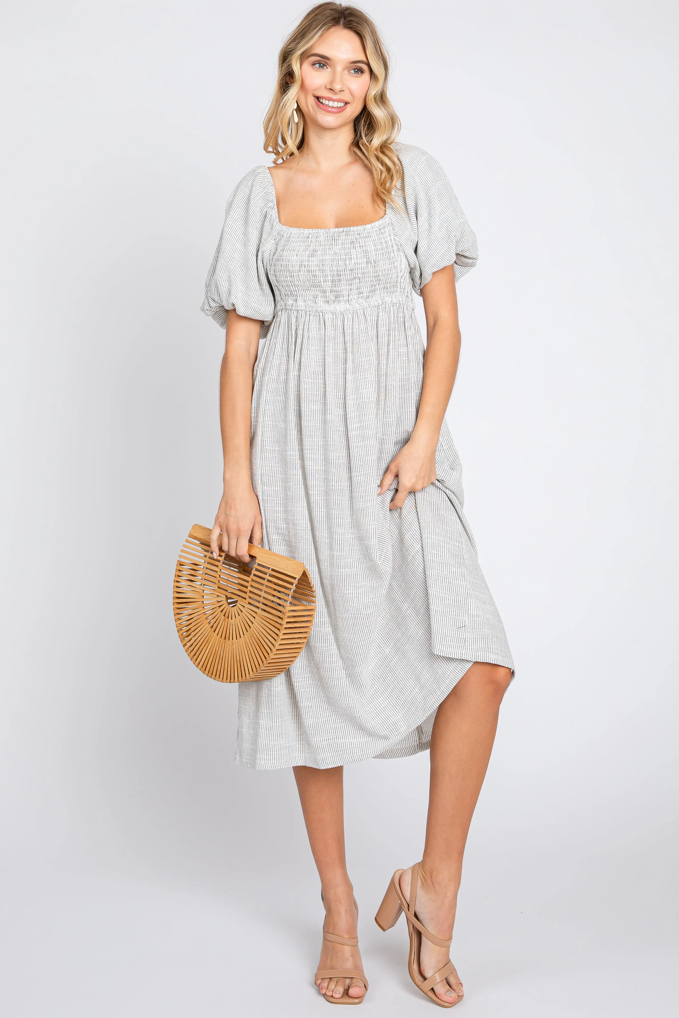 Ivory Striped Linen Smocked Short Puff Sleeve Midi Dress sold by Pinkblush product image thumbnail 5