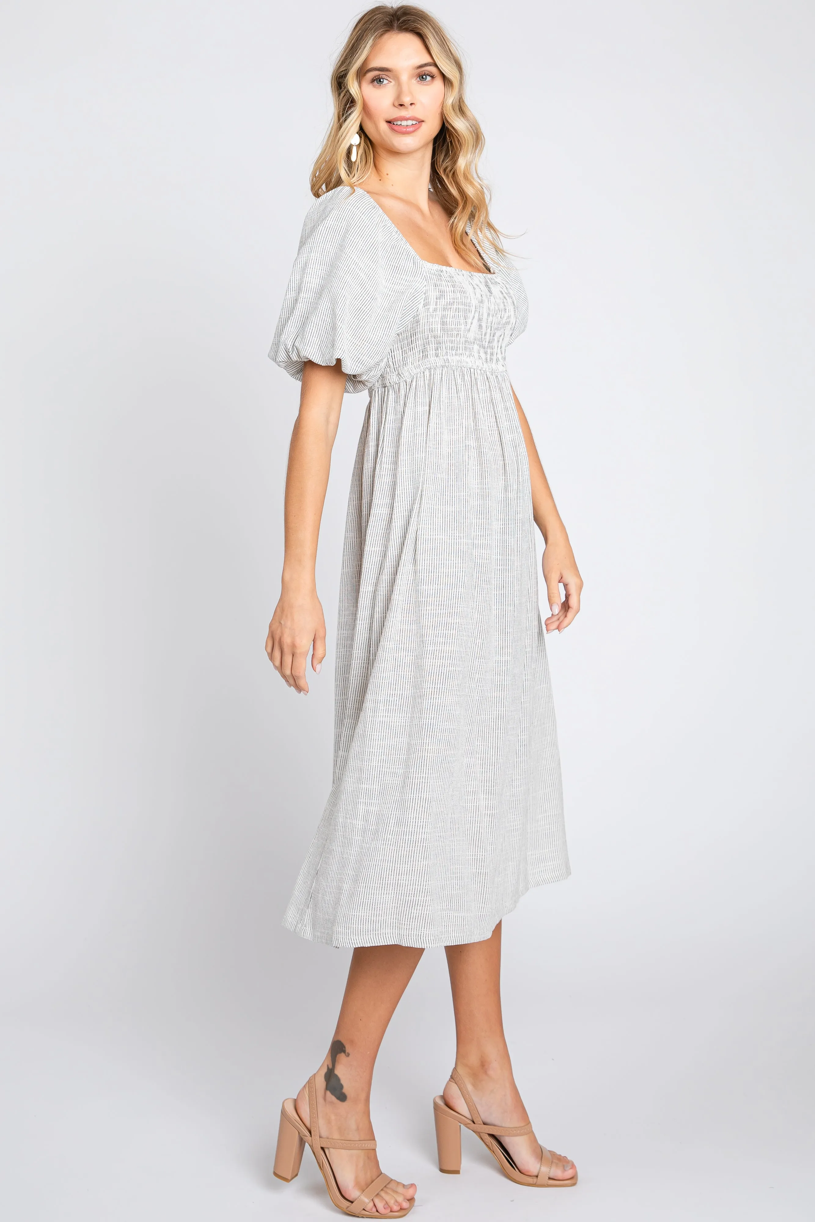 Ivory Striped Linen Smocked Short Puff Sleeve Midi Dress sold by Pinkblush product image thumbnail 2