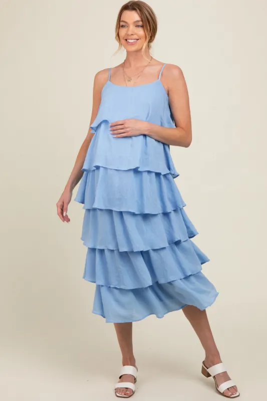 Blue Tiered Maternity Midi Dress sold by Pinkblush