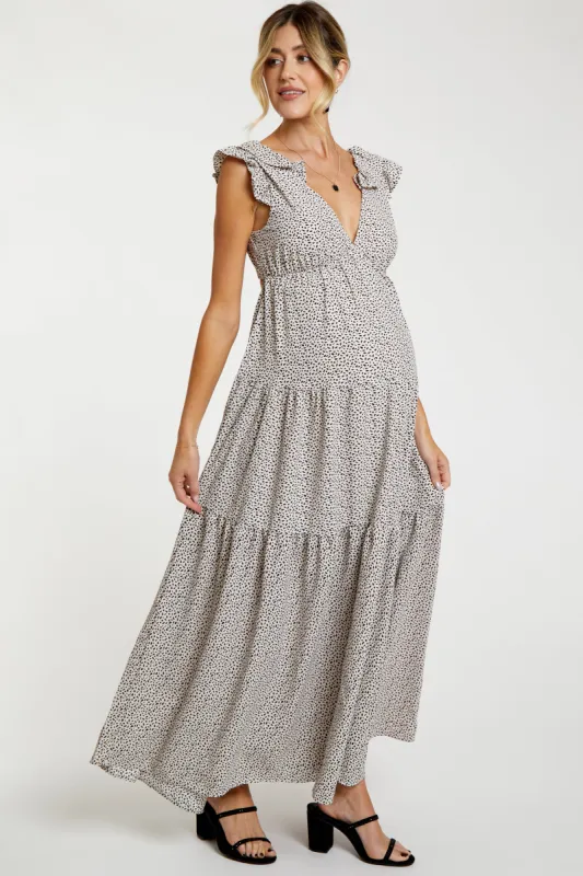 Taupe Printed Tiered Cutout Back Maternity Maxi Dress sold by Pinkblush