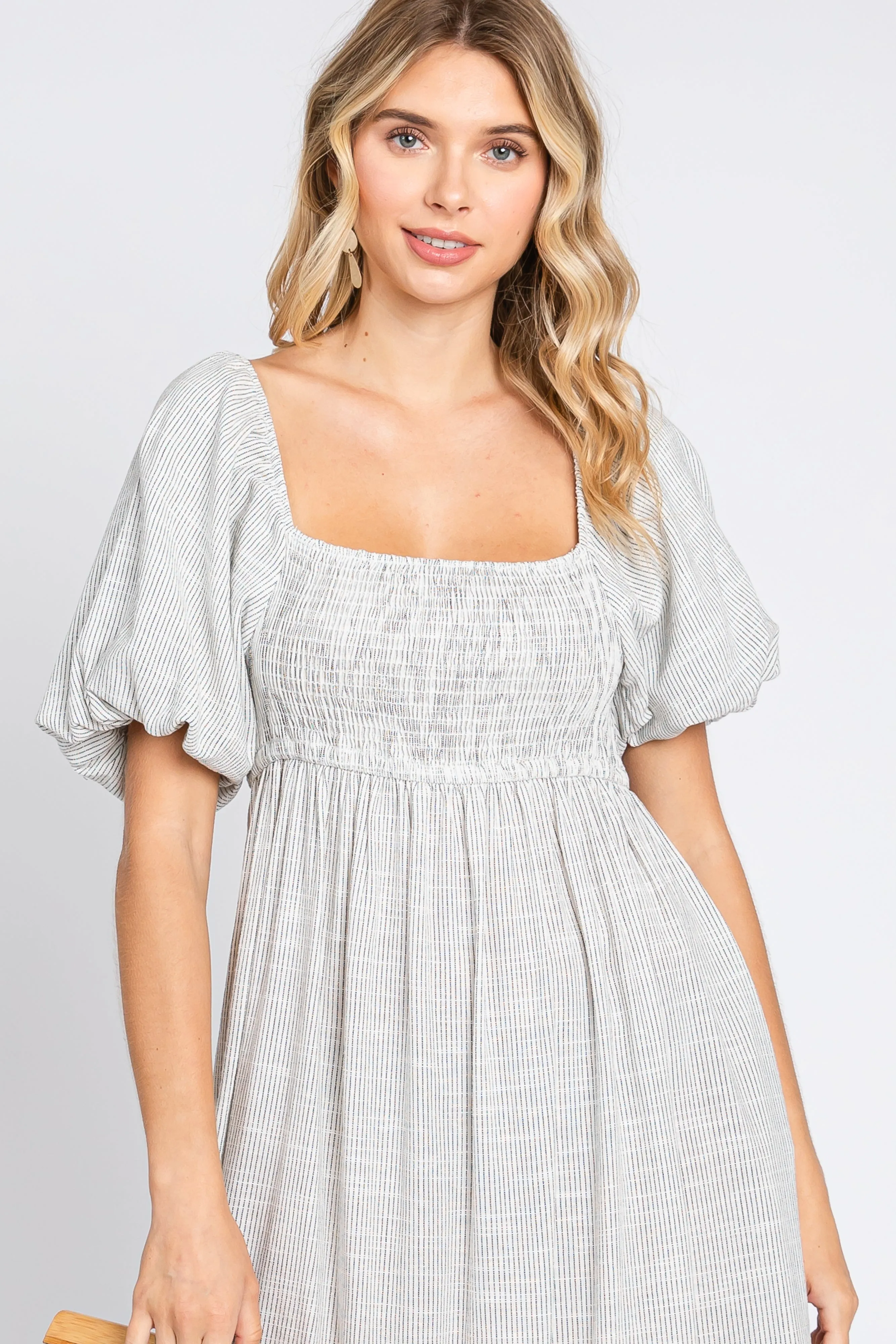 Ivory Striped Linen Smocked Short Puff Sleeve Midi Dress sold by Pinkblush product image thumbnail 4