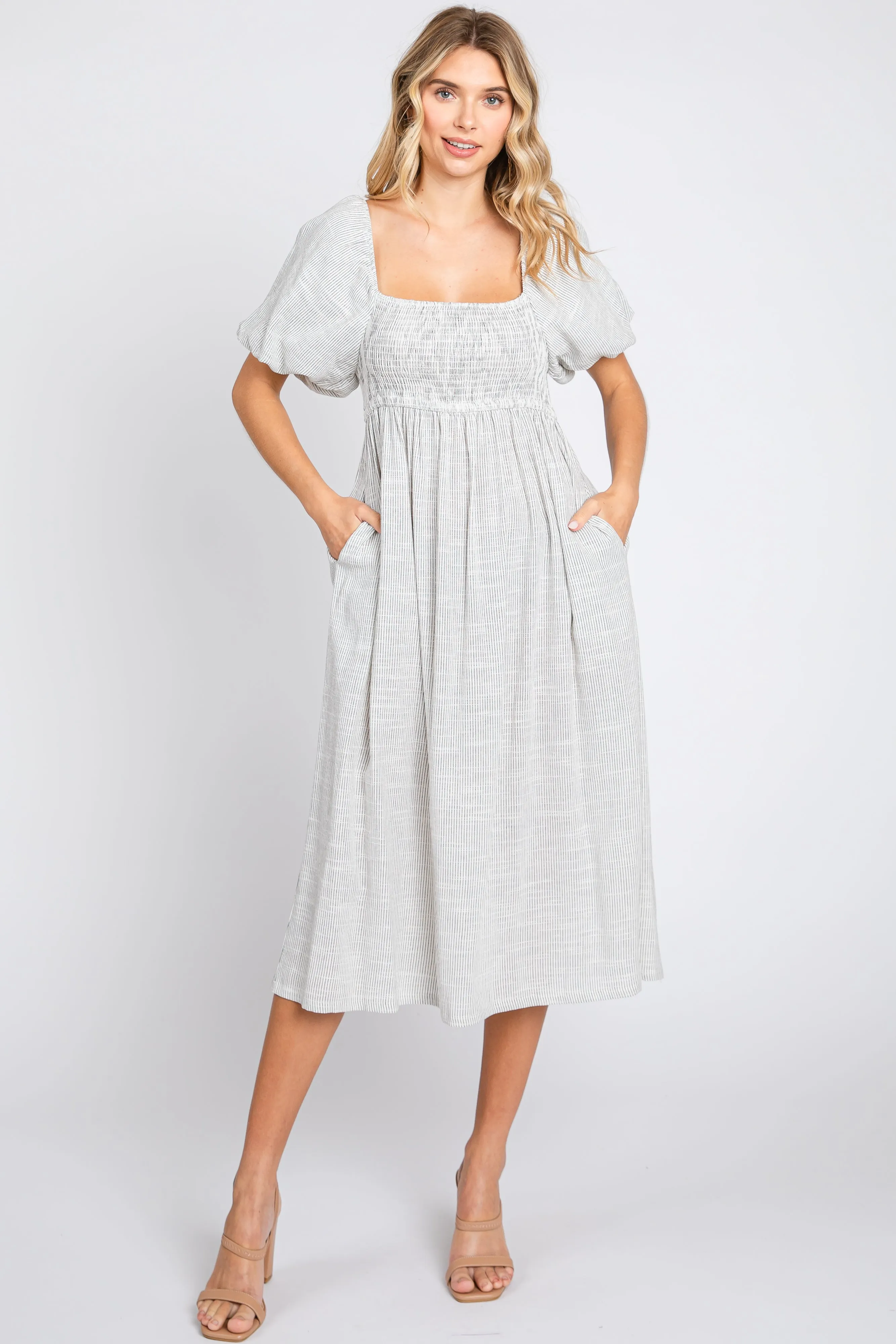 Ivory Striped Linen Smocked Short Puff Sleeve Midi Dress sold by Pinkblush