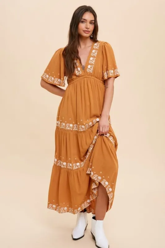 Camel Floral Embroidered Tiered Maxi Dress sold by Pinkblush