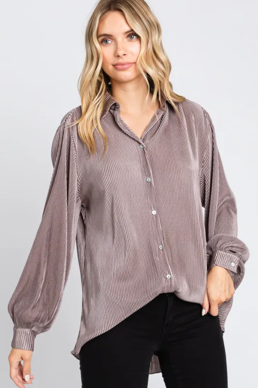 Taupe Plisse Button Up Long Sleeve Top sold by Pinkblush