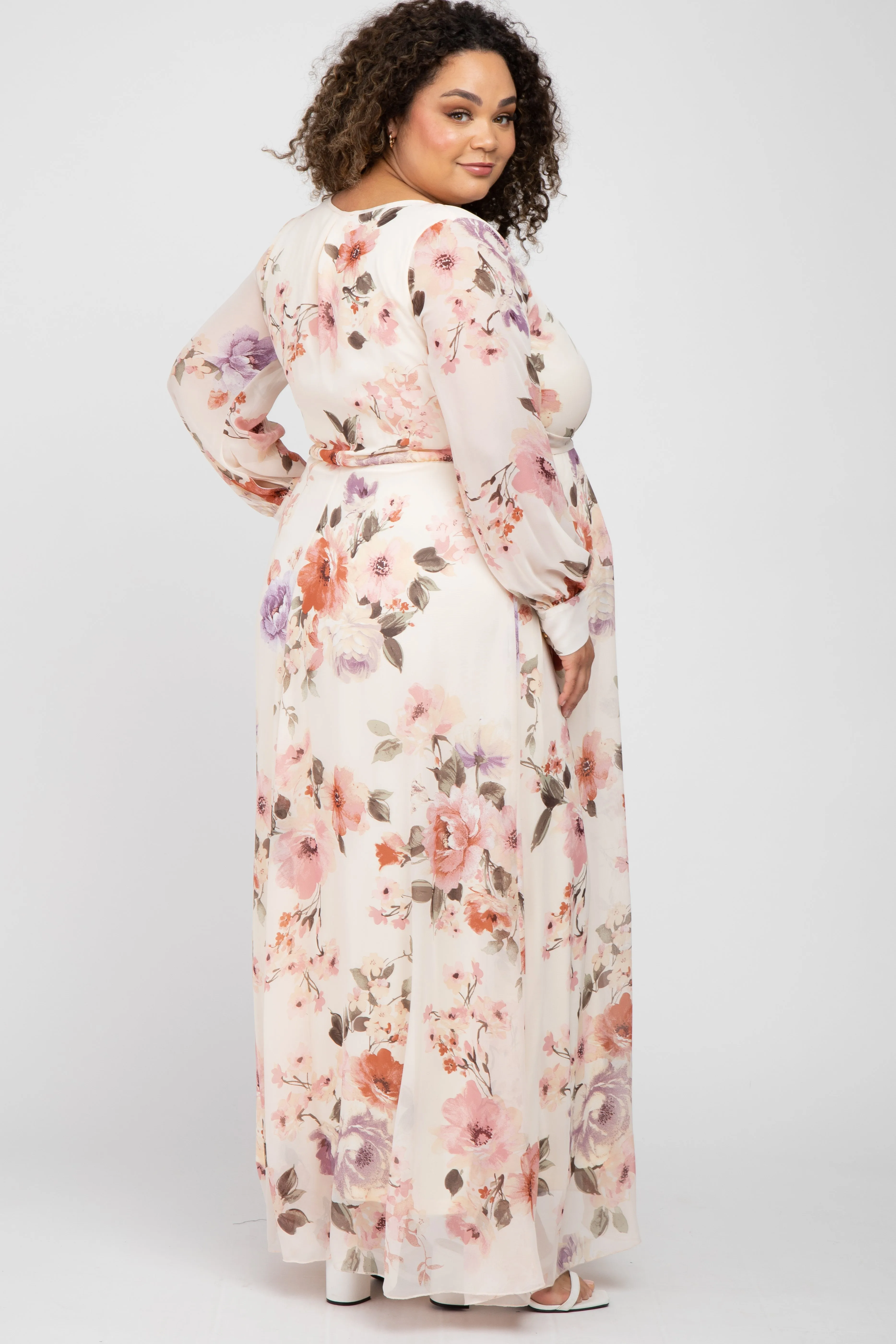 Cream Floral Chiffon Long Sleeve Pleated Maternity Maxi Dress sold by Pinkblush product image thumbnail 3