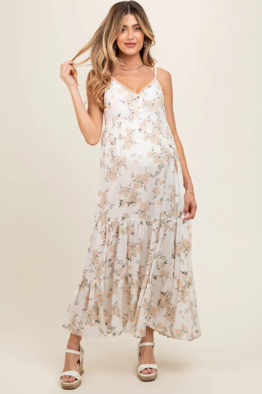 Cream Floral Sleeveless Tiered Maternity Maxi Dress sold by Pinkblush
