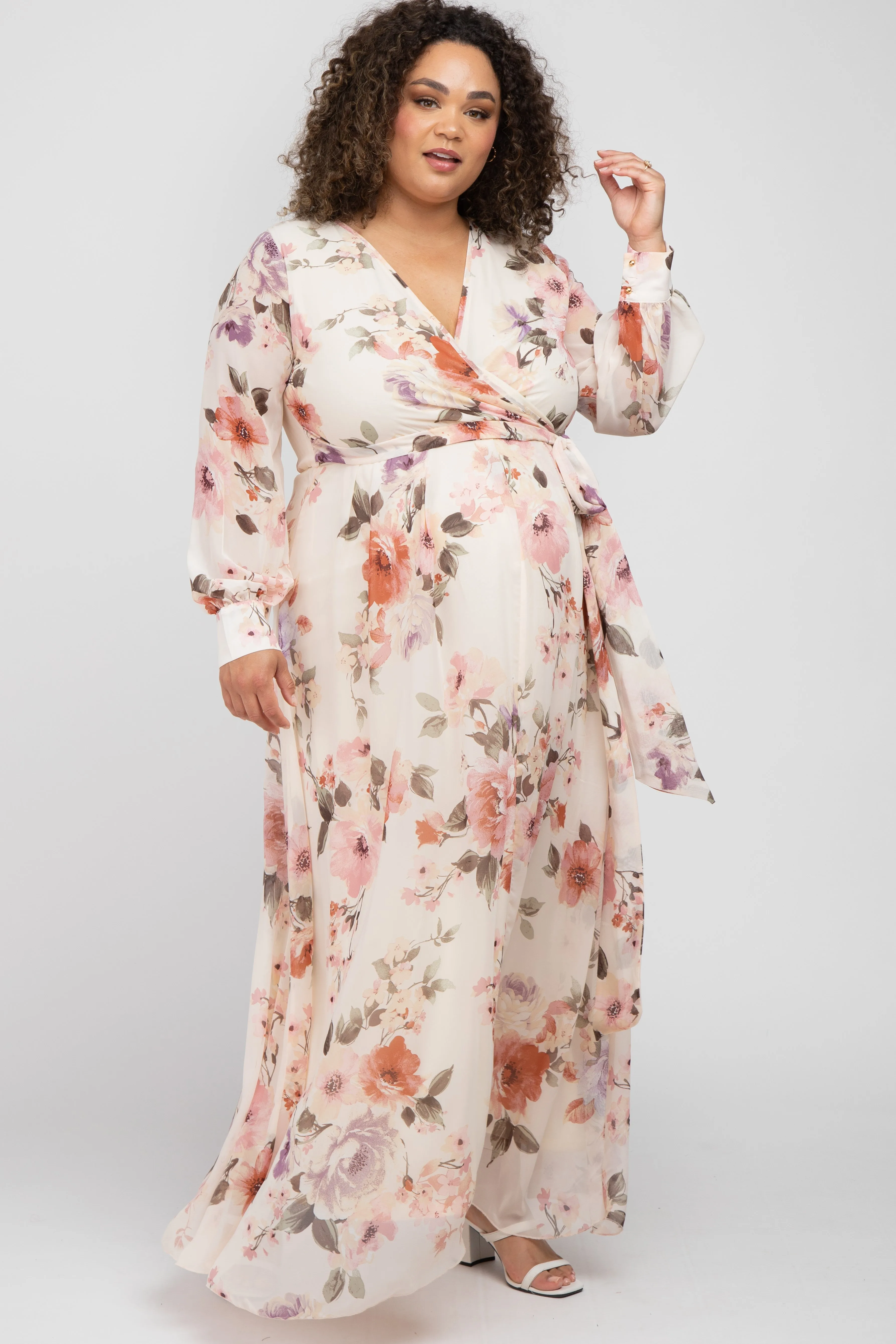 Cream Floral Chiffon Long Sleeve Pleated Maternity Maxi Dress sold by Pinkblush