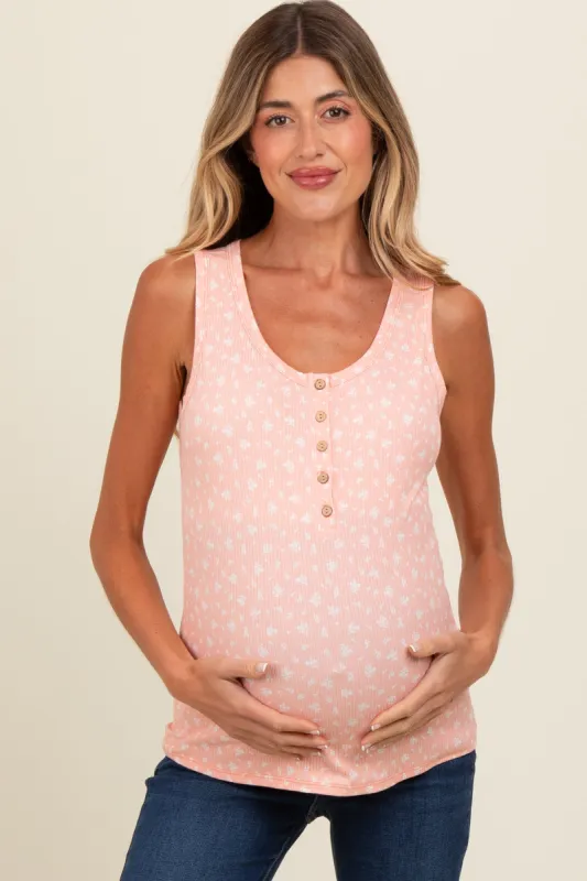 Peach Floral Ribbed Henley Maternity Tank Top sold by Pinkblush