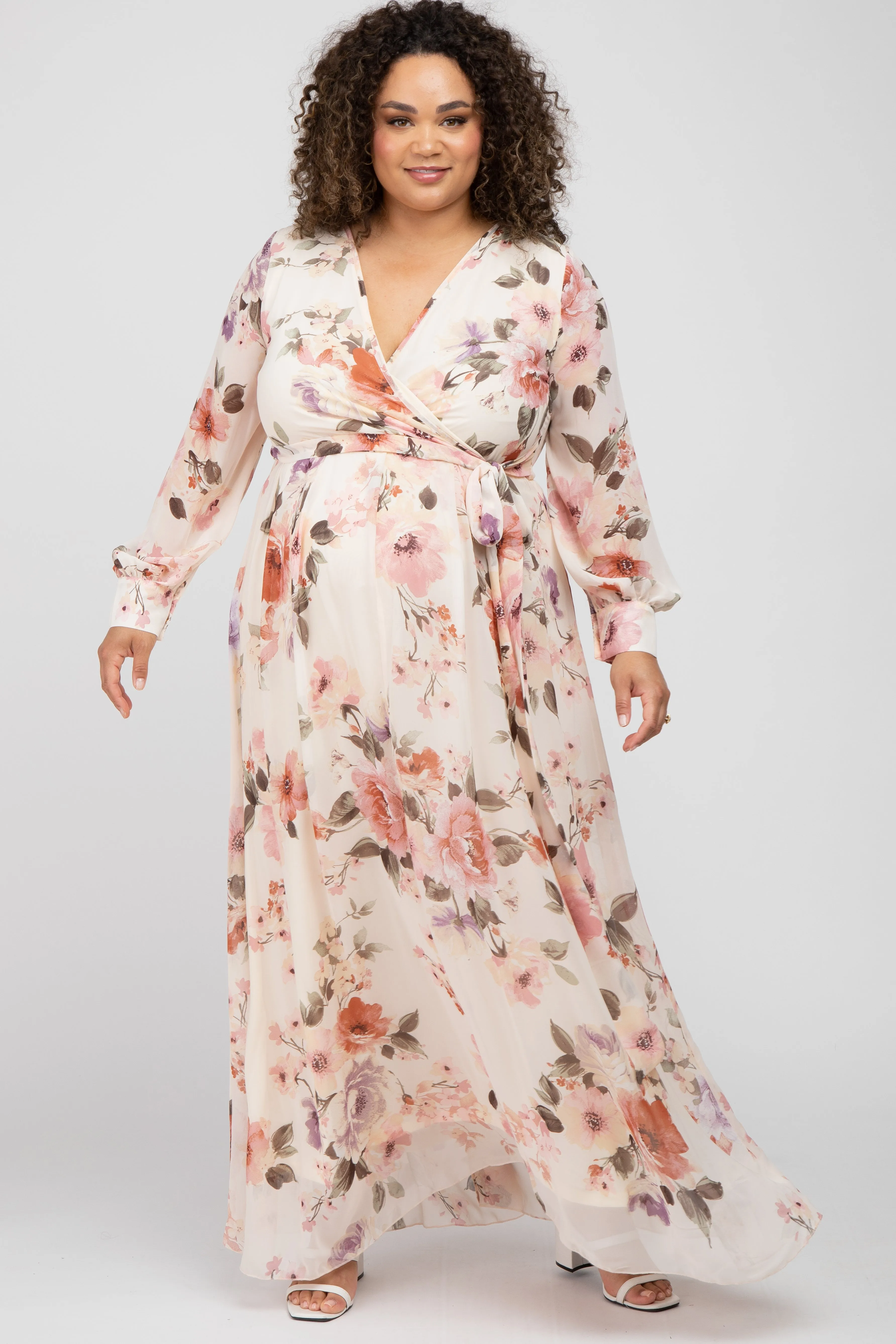 Cream Floral Chiffon Long Sleeve Pleated Maternity Maxi Dress sold by Pinkblush product image thumbnail 4