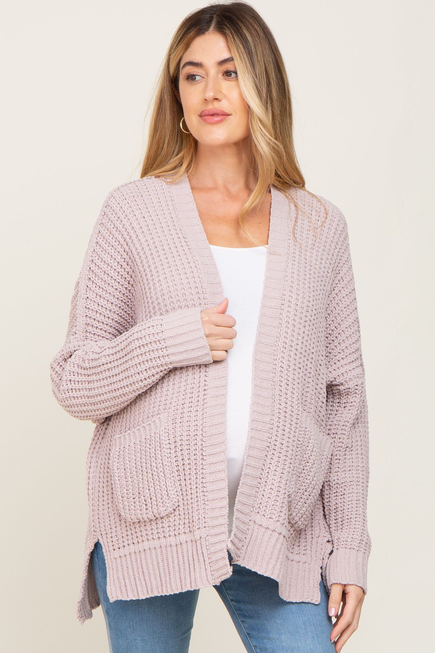 Taupe Chunky Knit Oversized Maternity Cardigan sold by Pinkblush