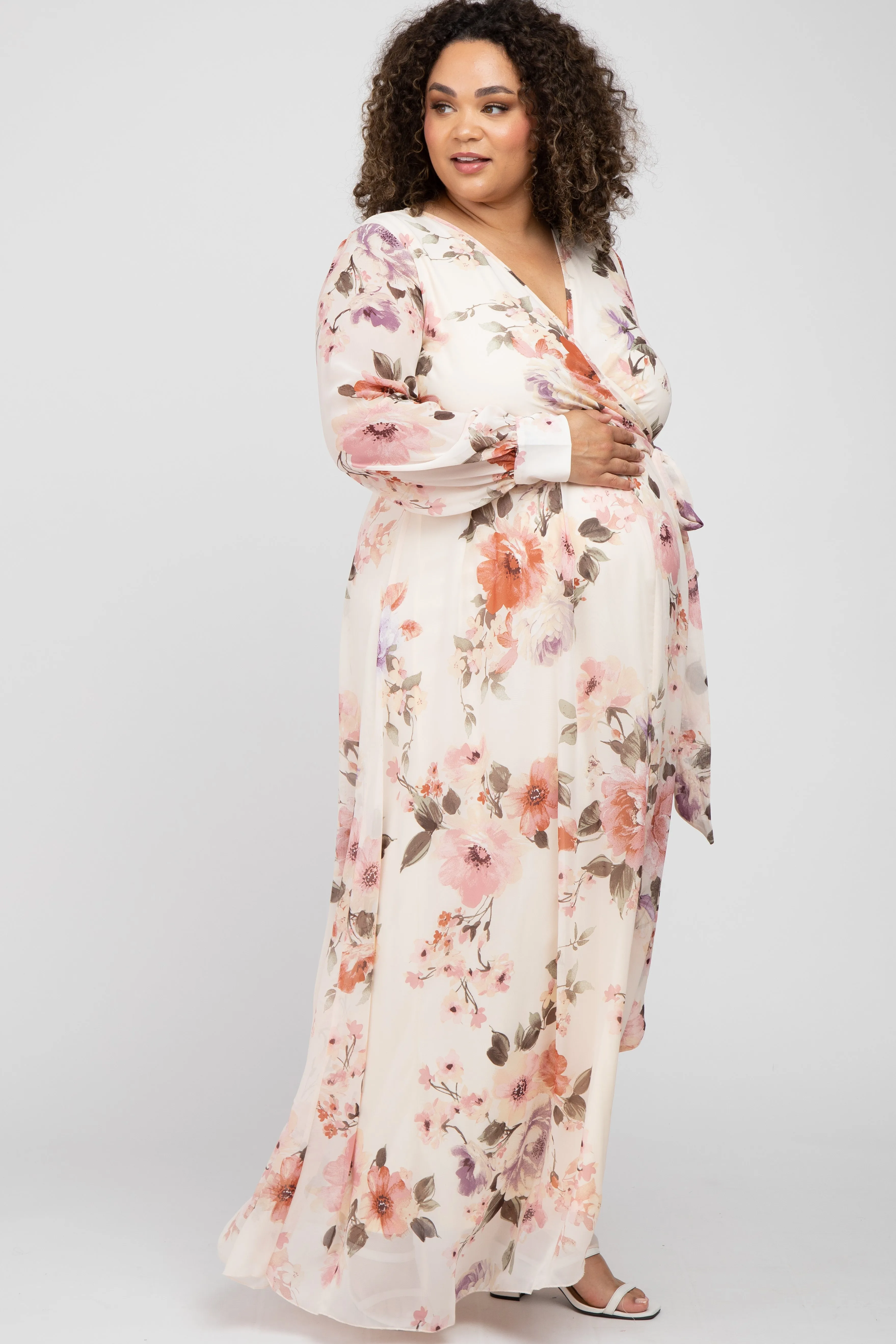 Cream Floral Chiffon Long Sleeve Pleated Maternity Maxi Dress sold by Pinkblush product image thumbnail 2