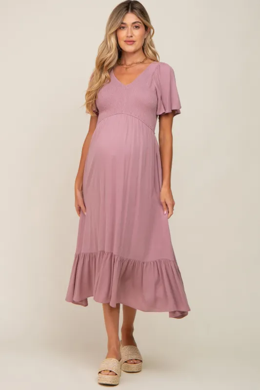 Lavender Smocked V-Neck Maternity Midi Dress sold by Pinkblush