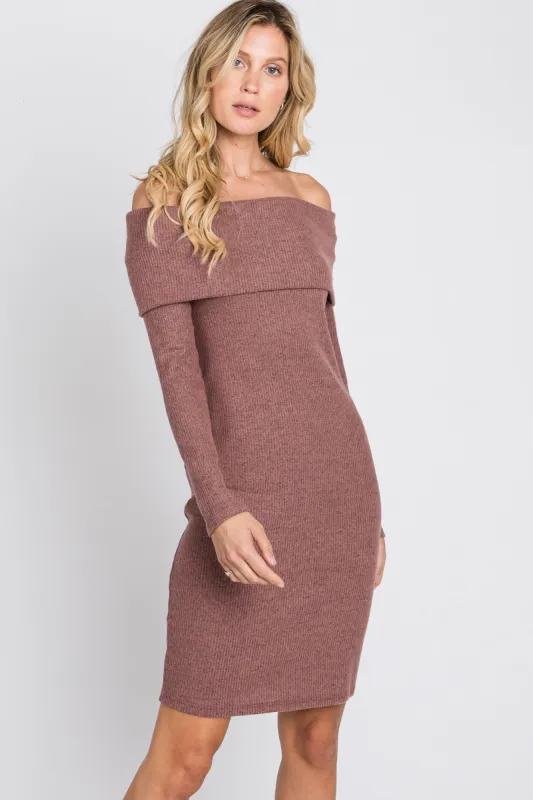 Mauve Soft Ribbed Folded Neck Off Shoulder Maternity Dress sold by Pinkblush
