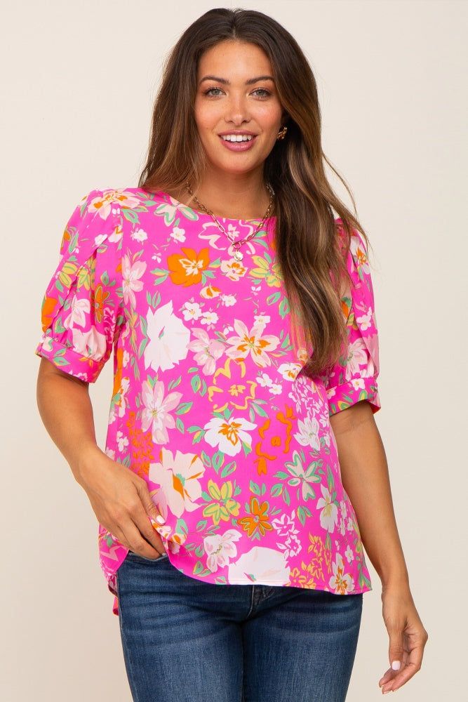 Fuchsia Floral Puff Sleeve Maternity Blouse sold by Pinkblush product image thumbnail 2