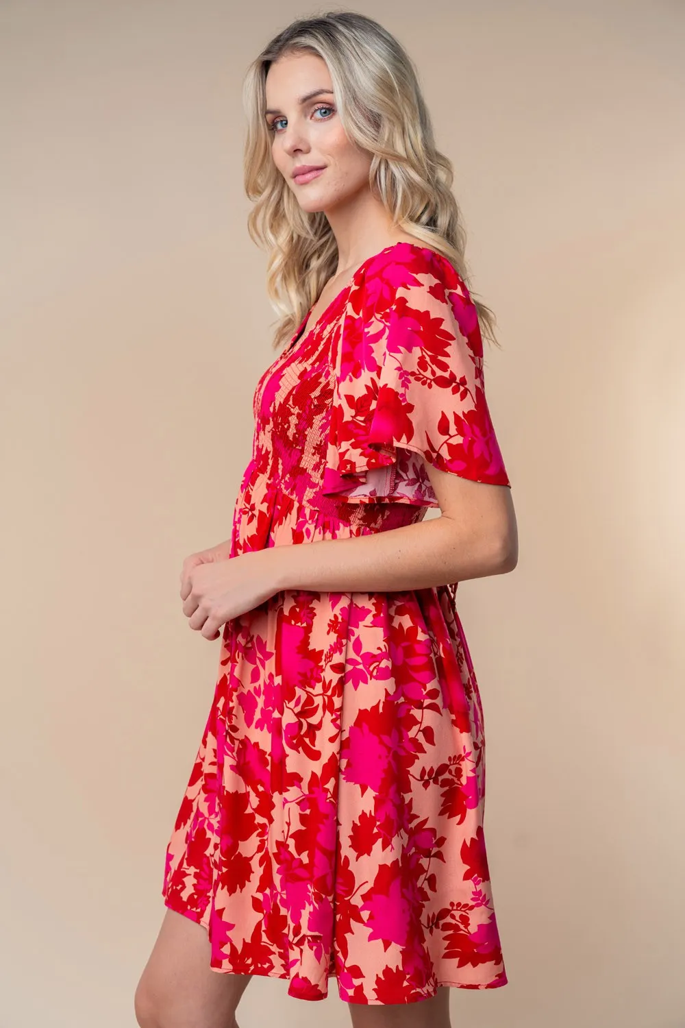 Red Leaf Print Smocked V-Neck Dress sold by Pinkblush product image thumbnail 3