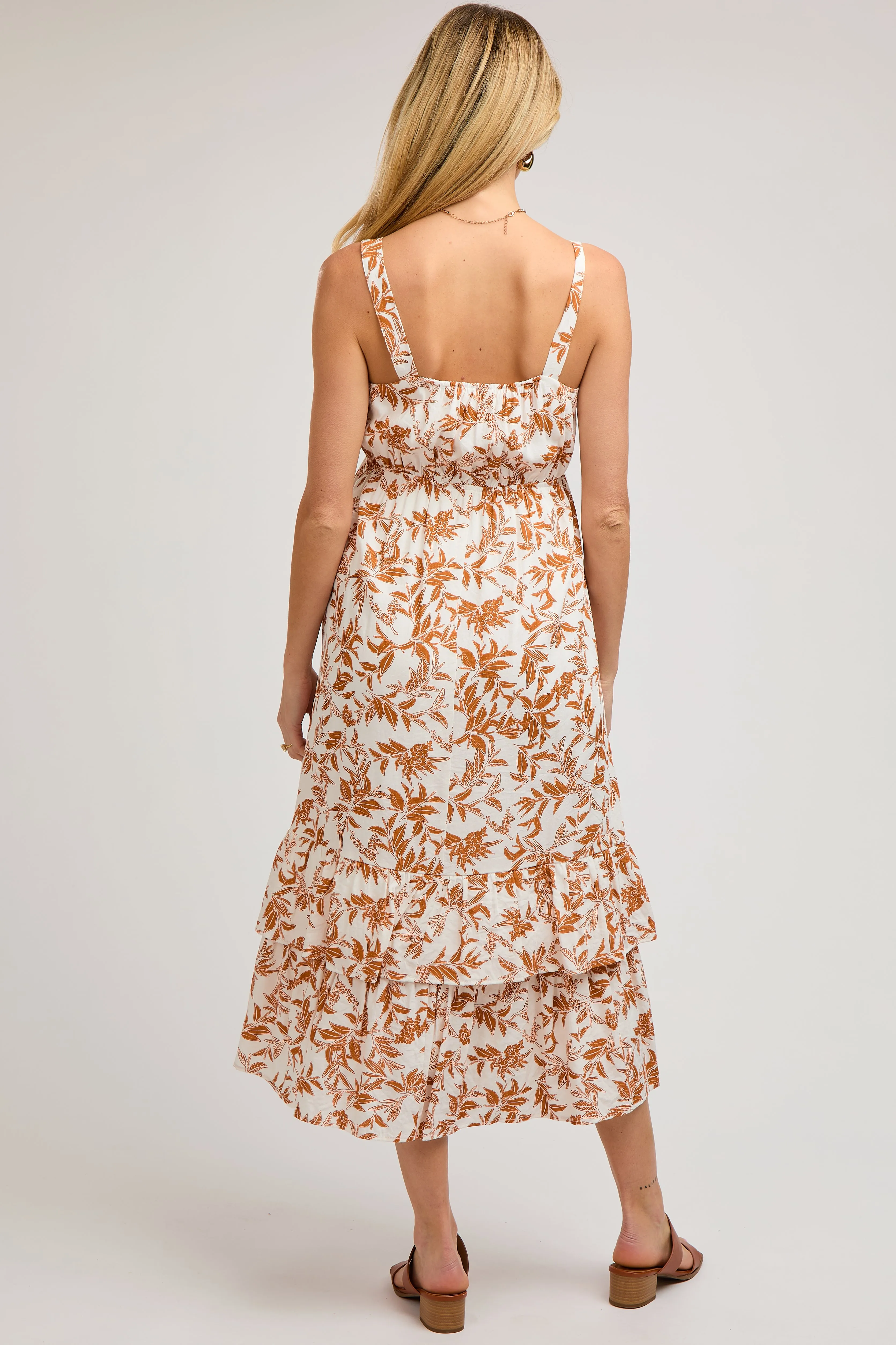 Camel Floral Sleeveless Ruffle Hem Maternity Maxi Dress sold by Pinkblush product image thumbnail 4