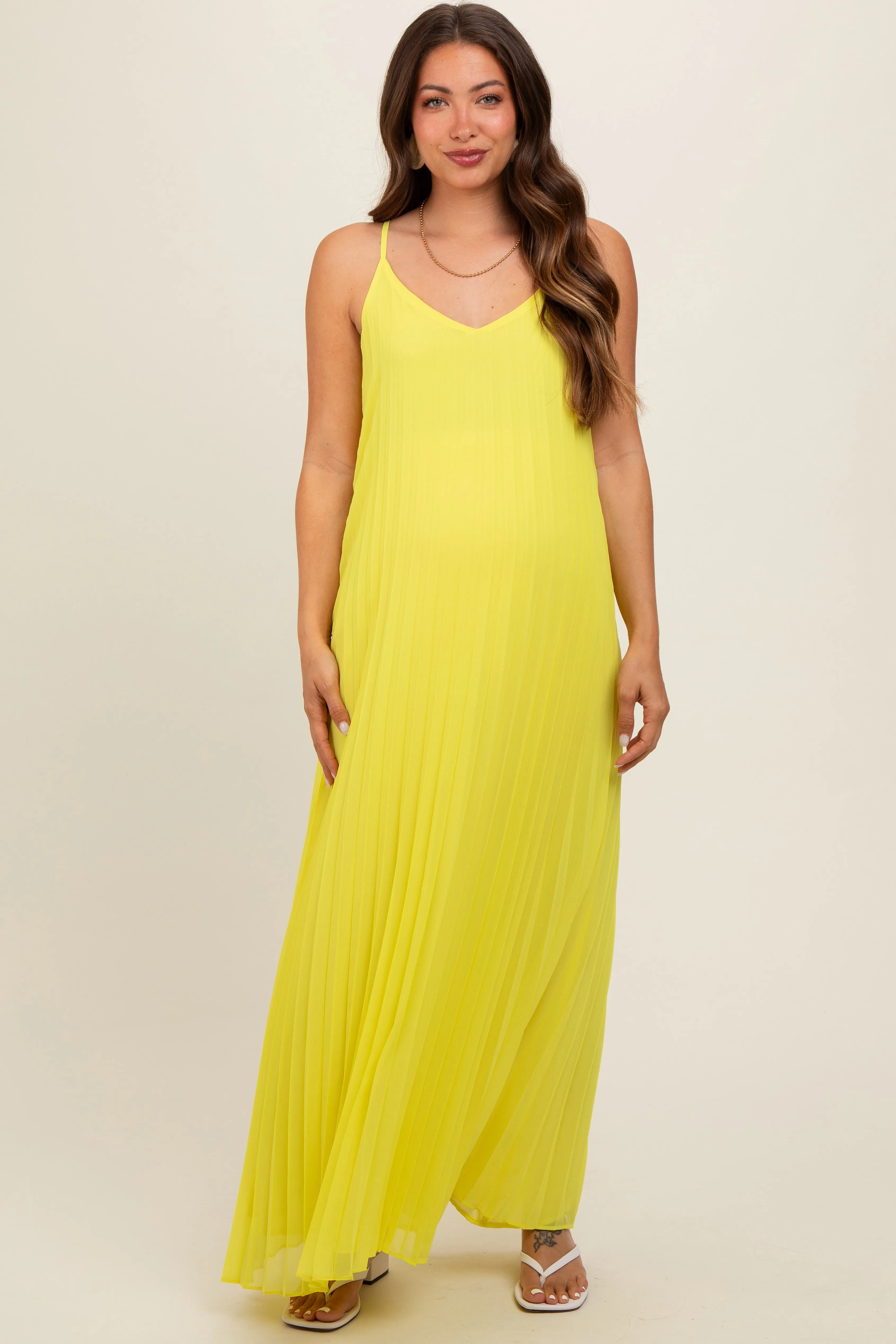 Lime Pleated Sleeveless Maternity Maxi Dress sold by Pinkblush