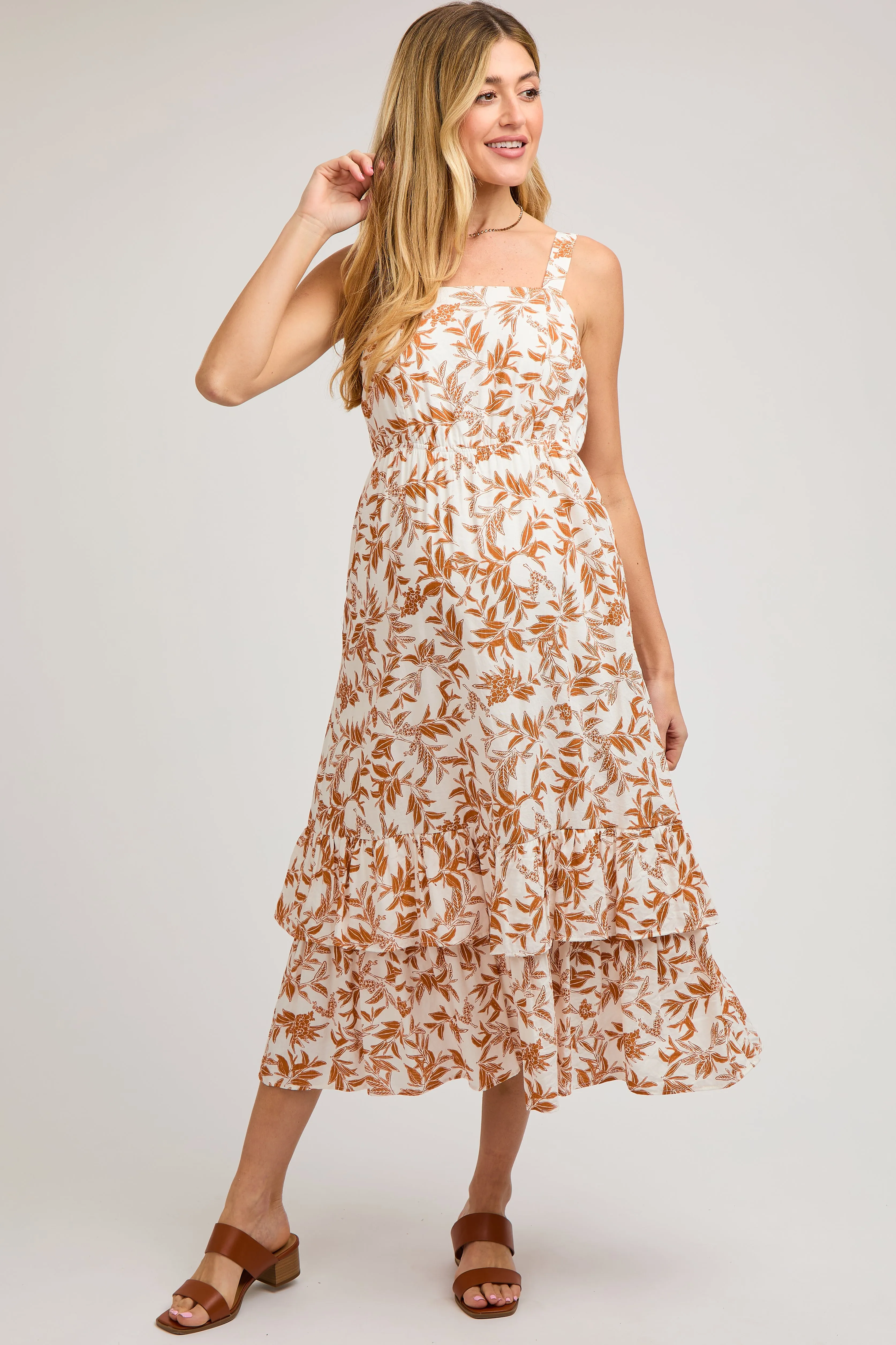 Camel Floral Sleeveless Ruffle Hem Maternity Maxi Dress sold by Pinkblush