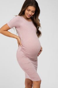 Mauve Ruched Short Sleeve Maternity Dress sold by Pinkblush