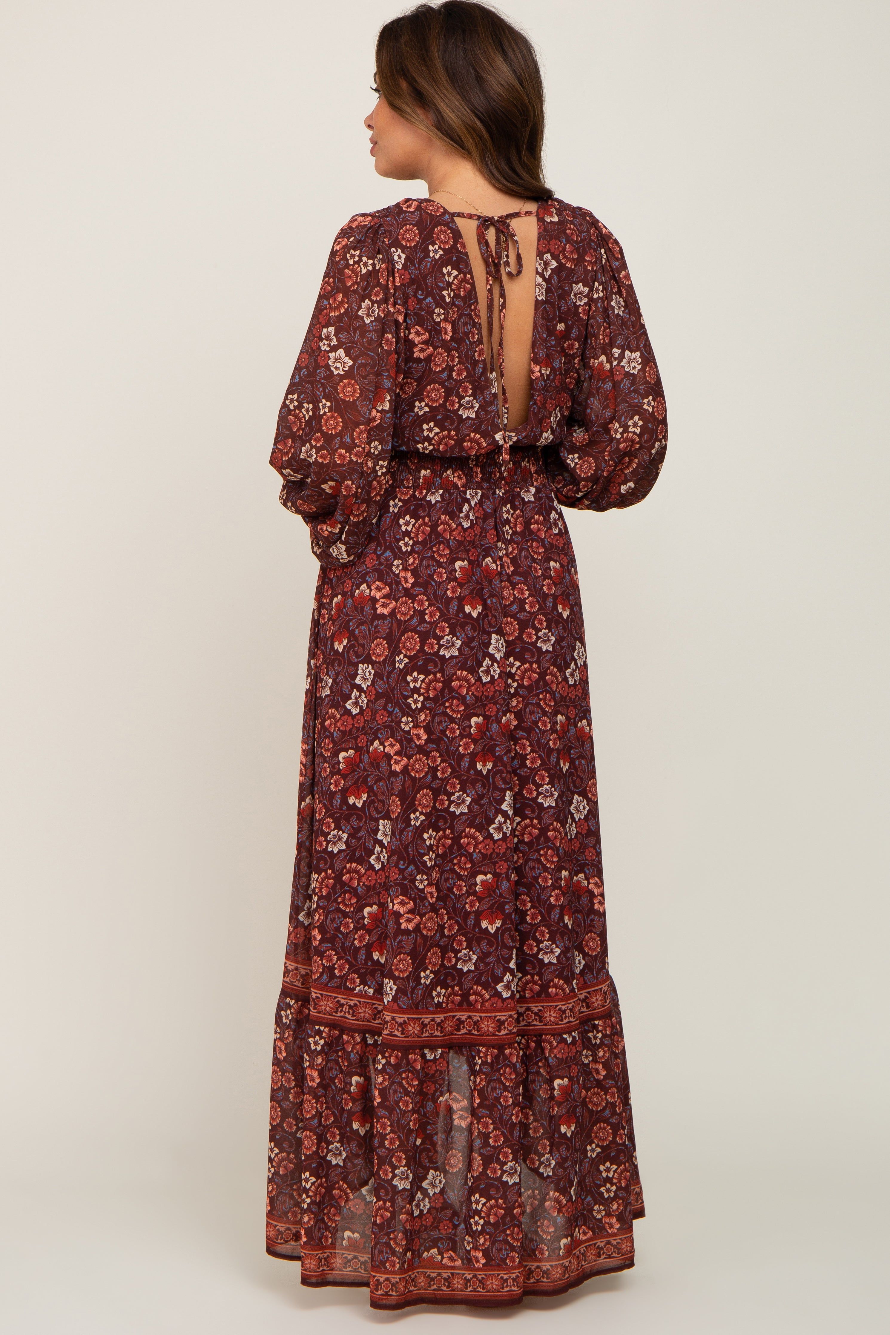 Brown Floral Hi-Lo Train Maternity Maxi Dress sold by Pinkblush product image thumbnail 4