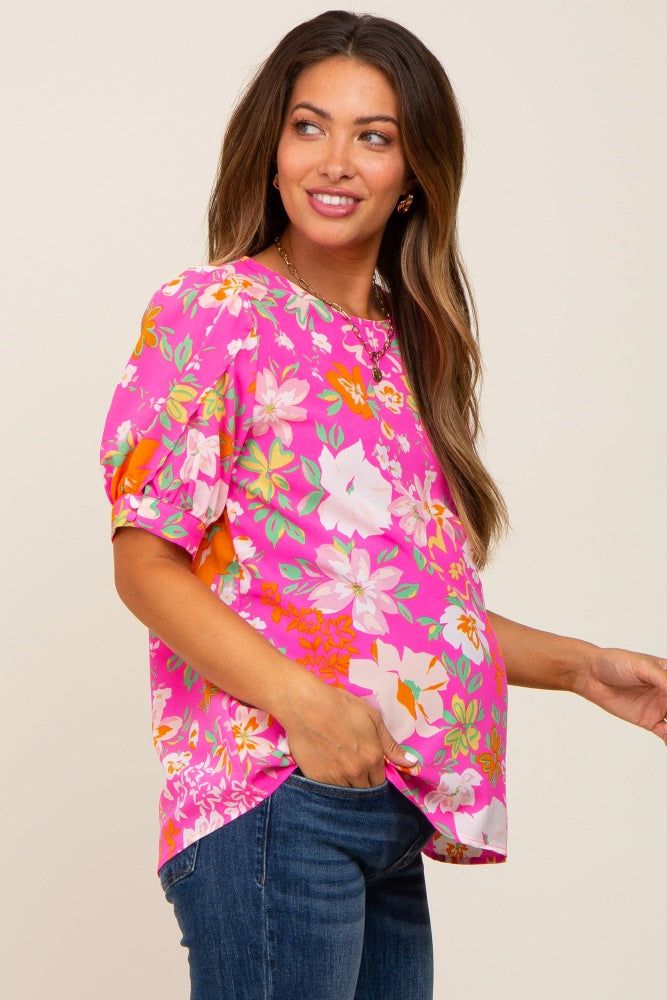 Fuchsia Floral Puff Sleeve Maternity Blouse sold by Pinkblush product image thumbnail 3