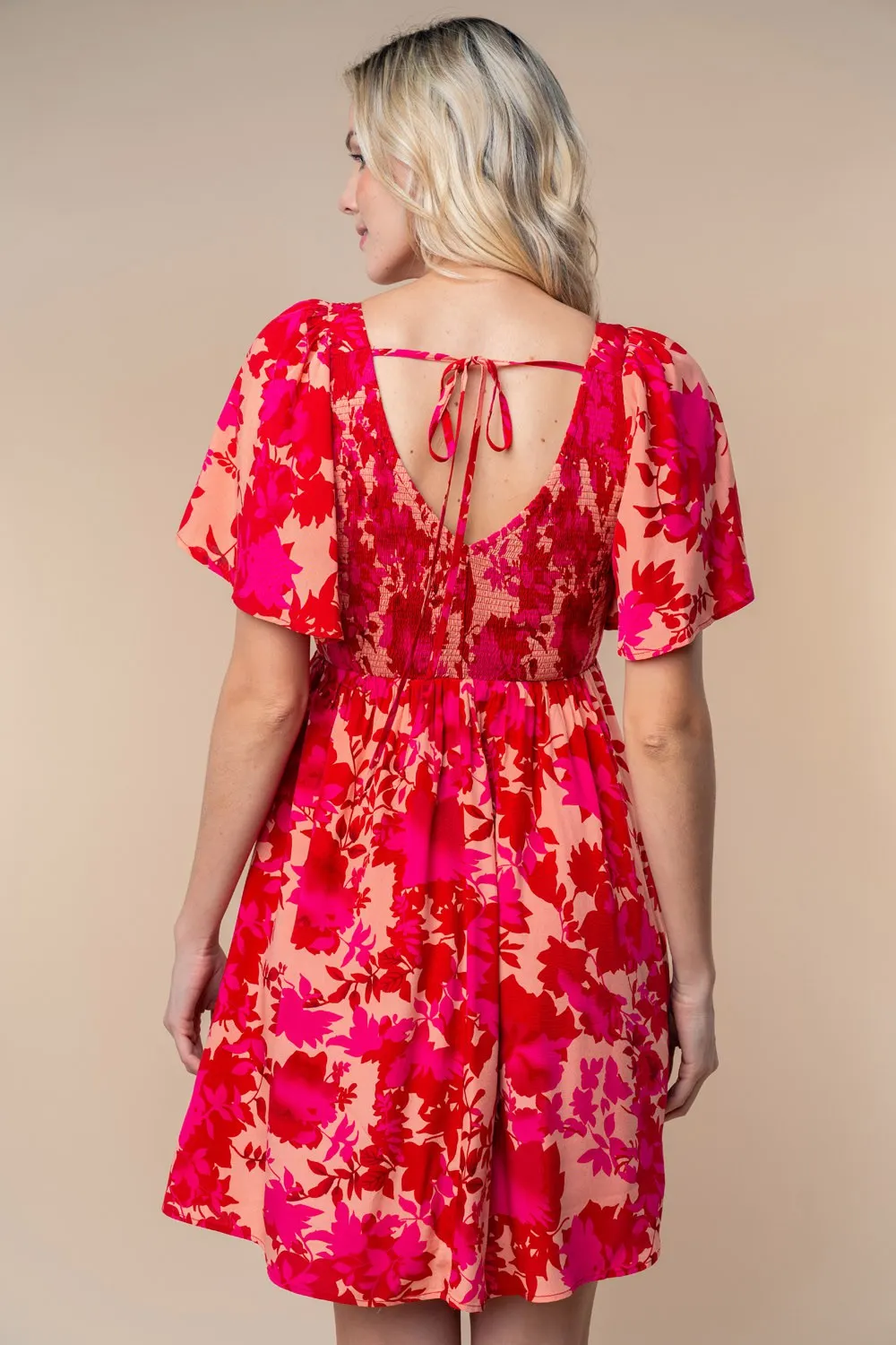 Red Leaf Print Smocked V-Neck Dress sold by Pinkblush product image thumbnail 4